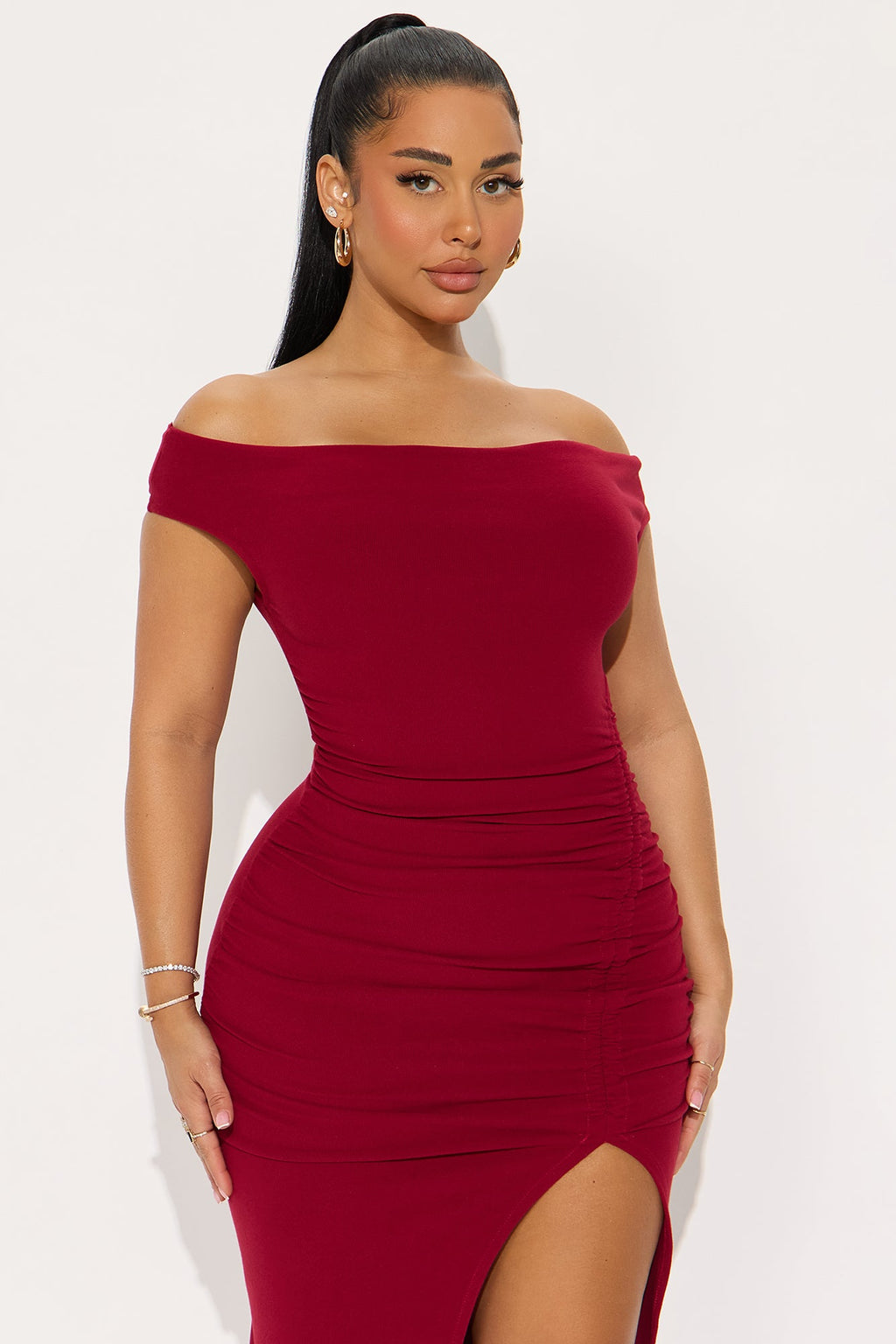 Ashley Off Shoulder Ruched Midi Dress - DarkRed