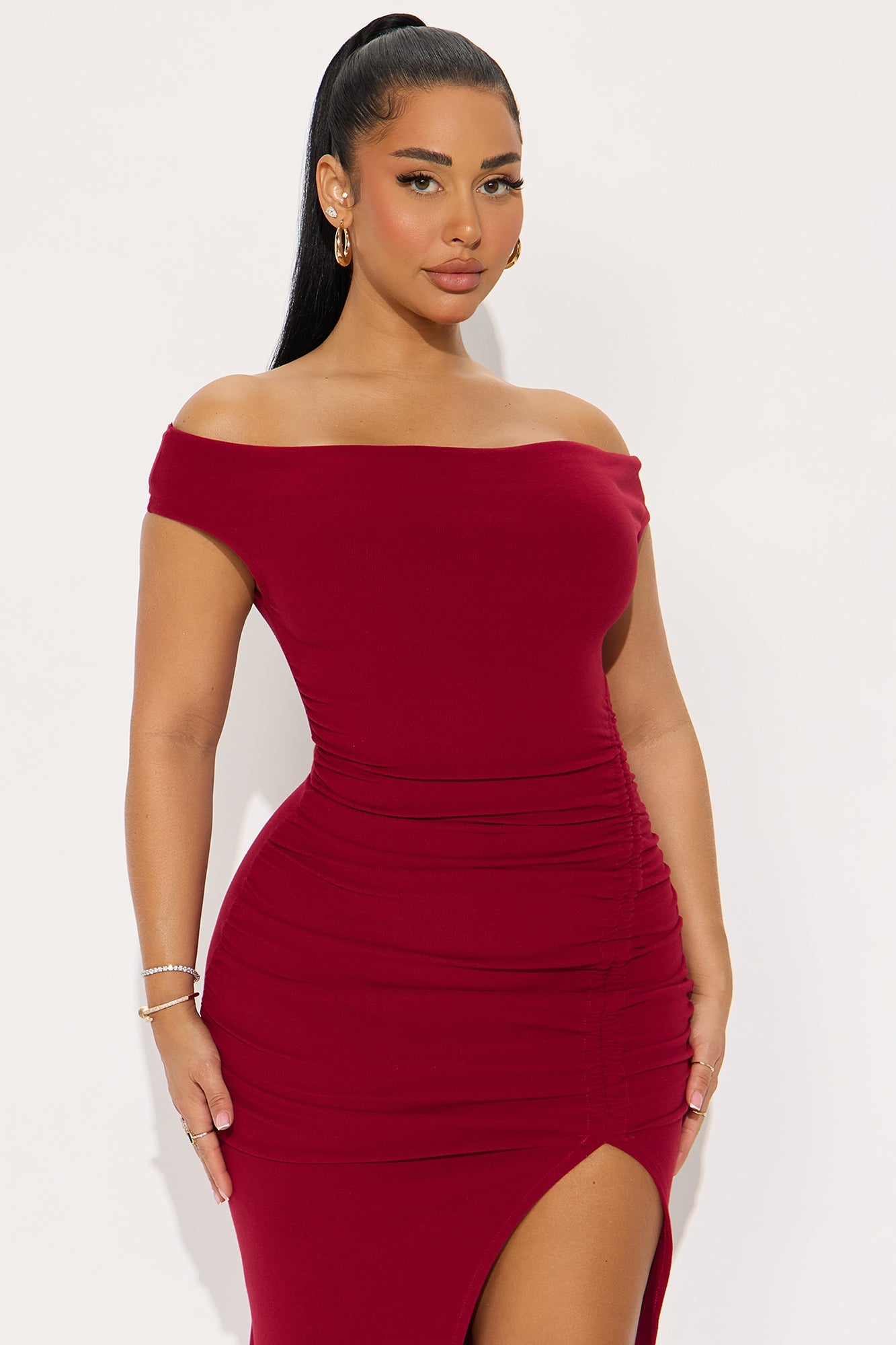Ashley Off Shoulder Ruched Midi Dress - DarkRed