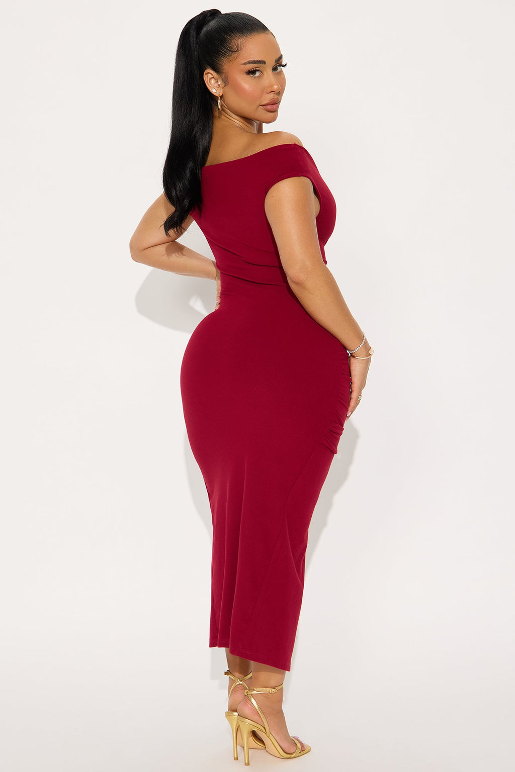 Ashley Off Shoulder Ruched Midi Dress - DarkRed