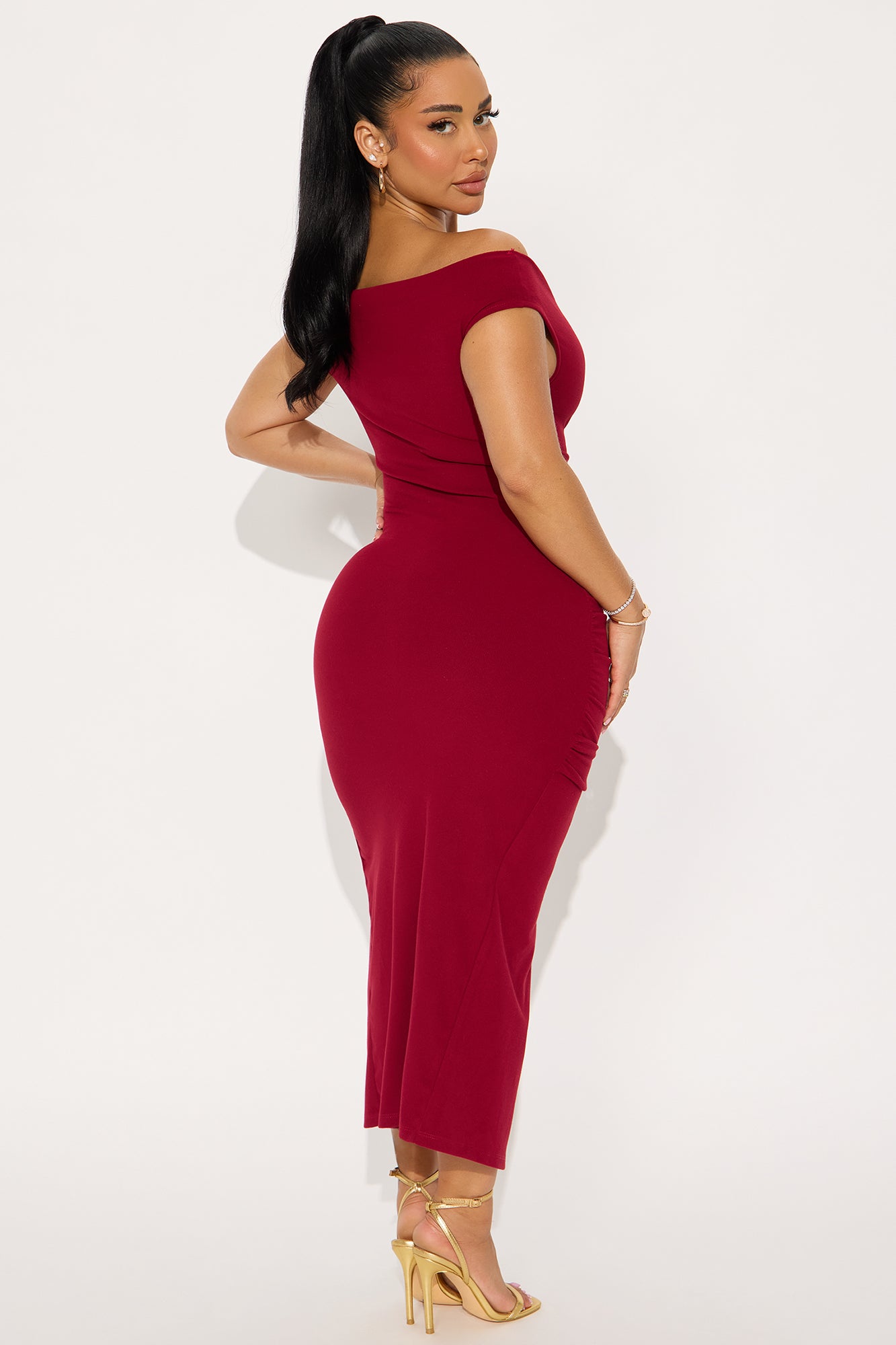 Ashley Off Shoulder Ruched Midi Dress - DarkRed