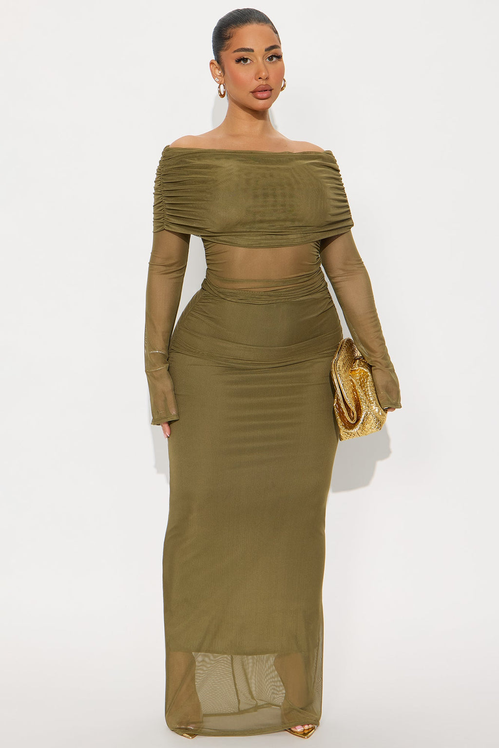 Just In Time Mesh Off Shoulder Maxi Skirt Set - Olive 