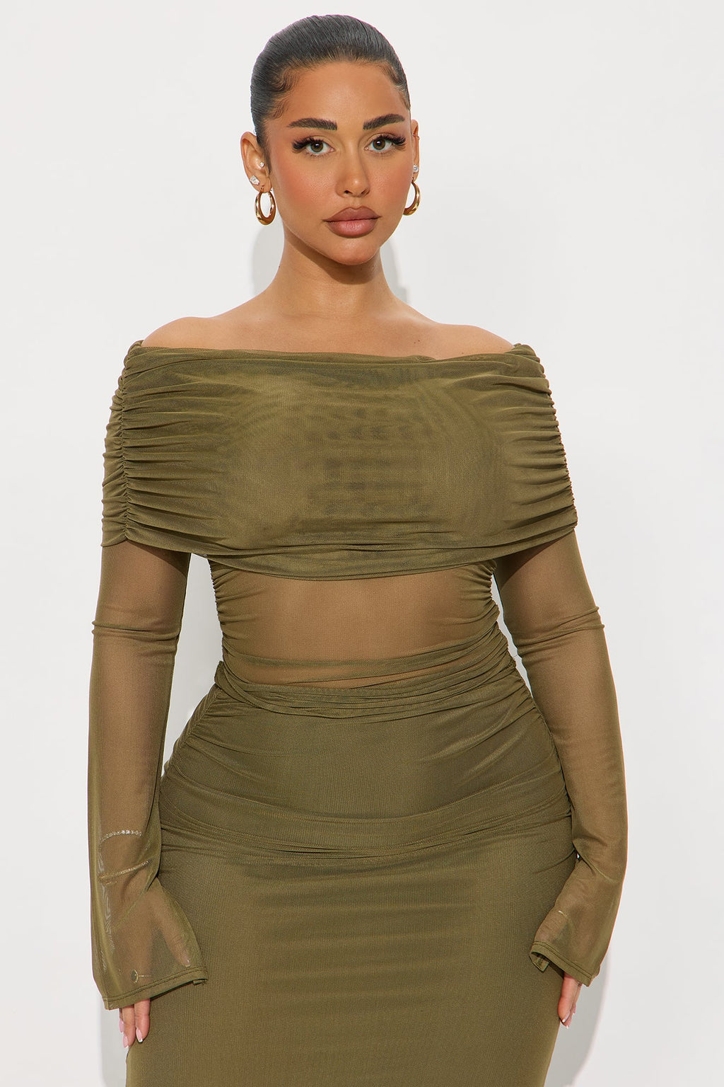 Just In Time Mesh Off Shoulder Maxi Skirt Set - Olive 