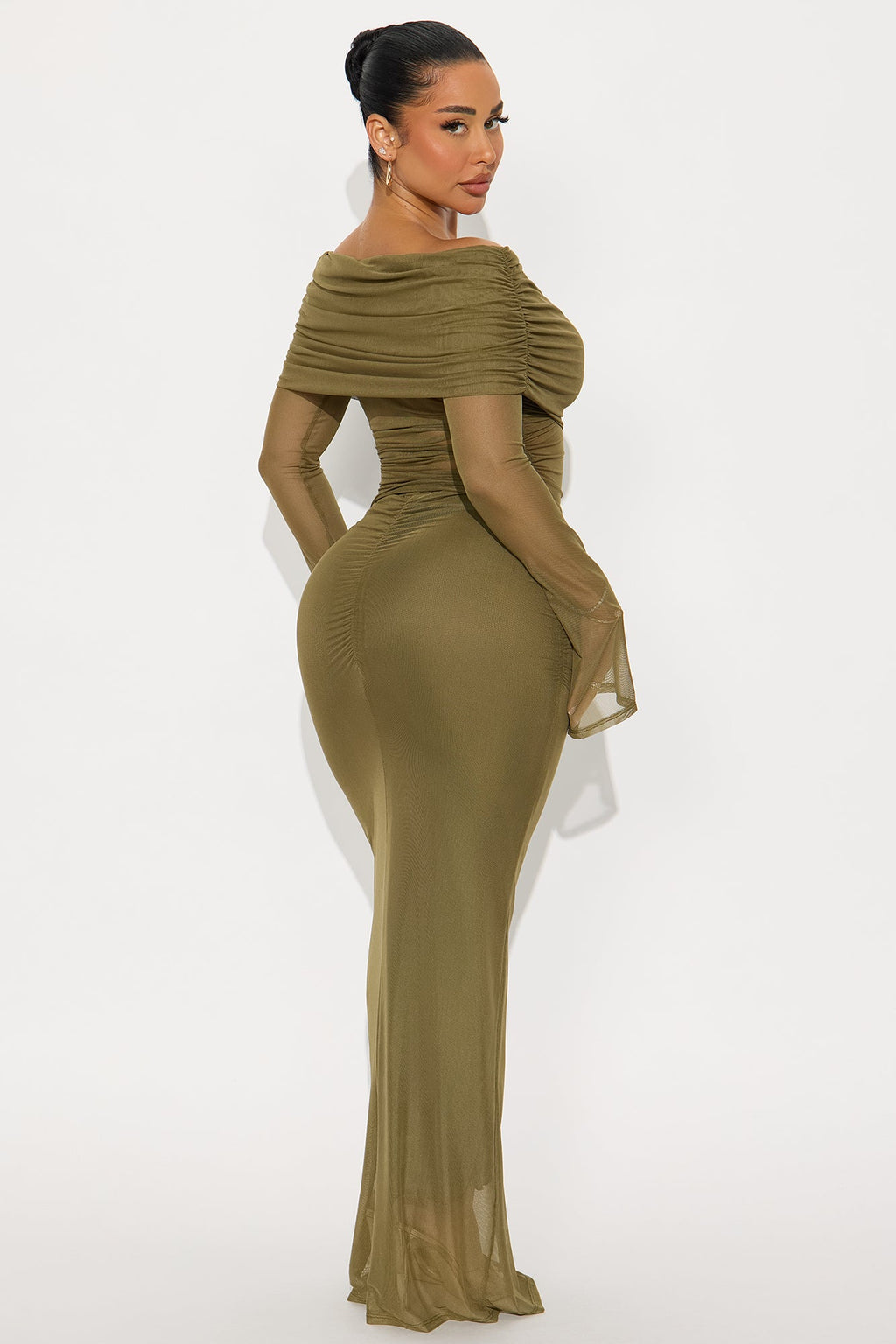 Just In Time Mesh Off Shoulder Maxi Skirt Set - Olive 