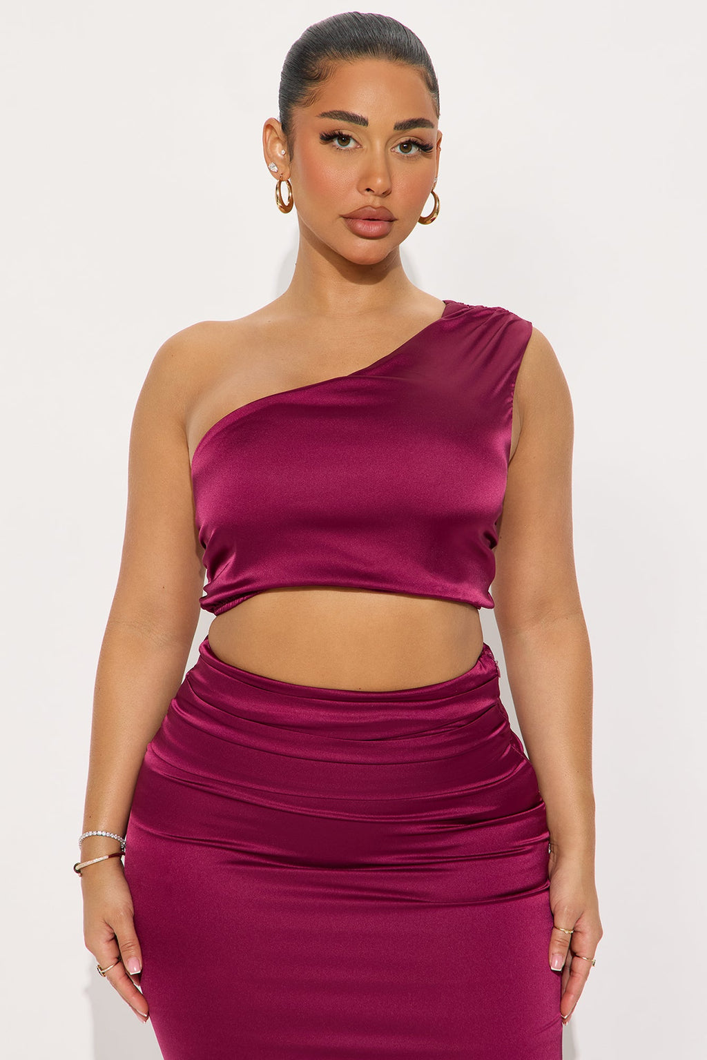 Catalina Satin One Shoulder Maxi Skirt Set - Plum 