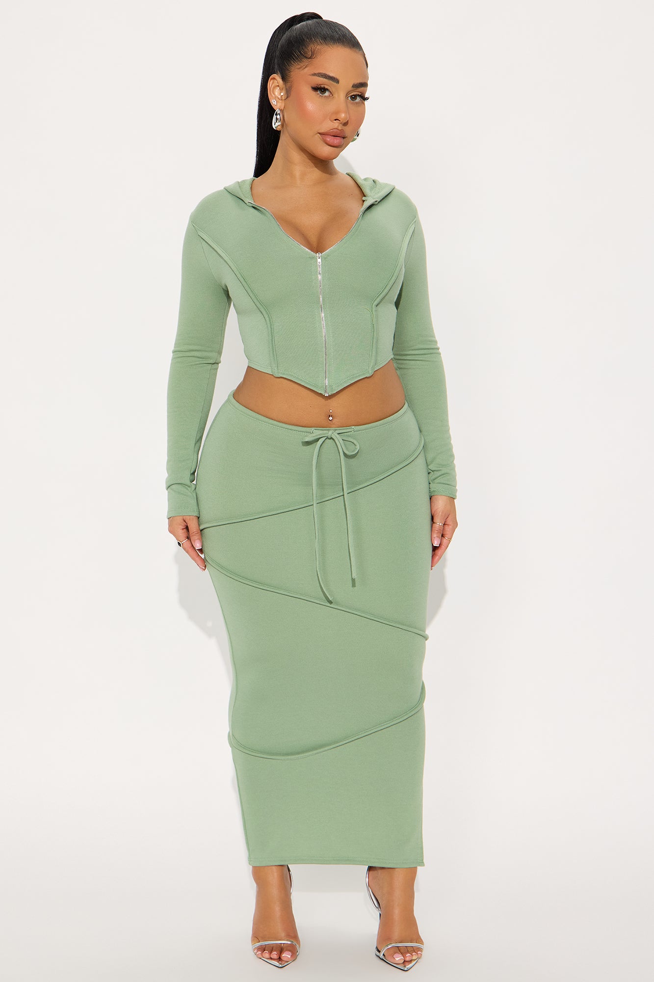 Body Lines Hoodie Maxi Skirt Set - Sage 