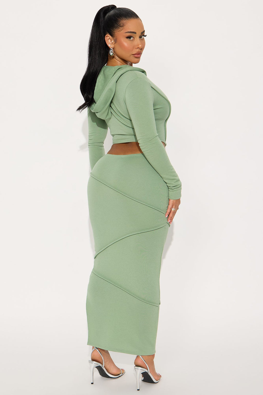 Body Lines Hoodie Maxi Skirt Set - Sage 