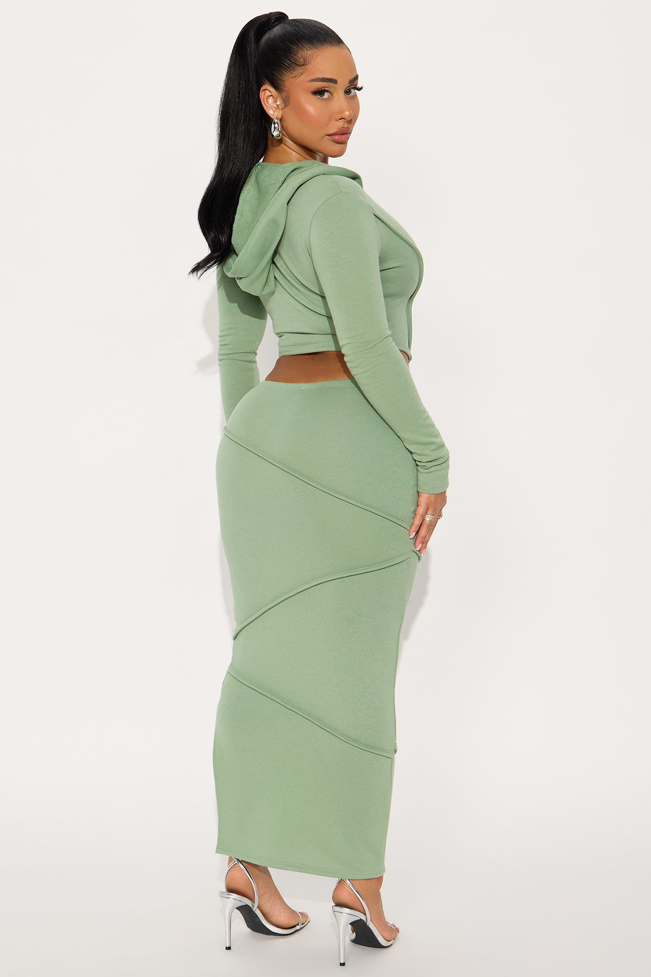 Body Lines Hoodie Maxi Skirt Set - Sage 