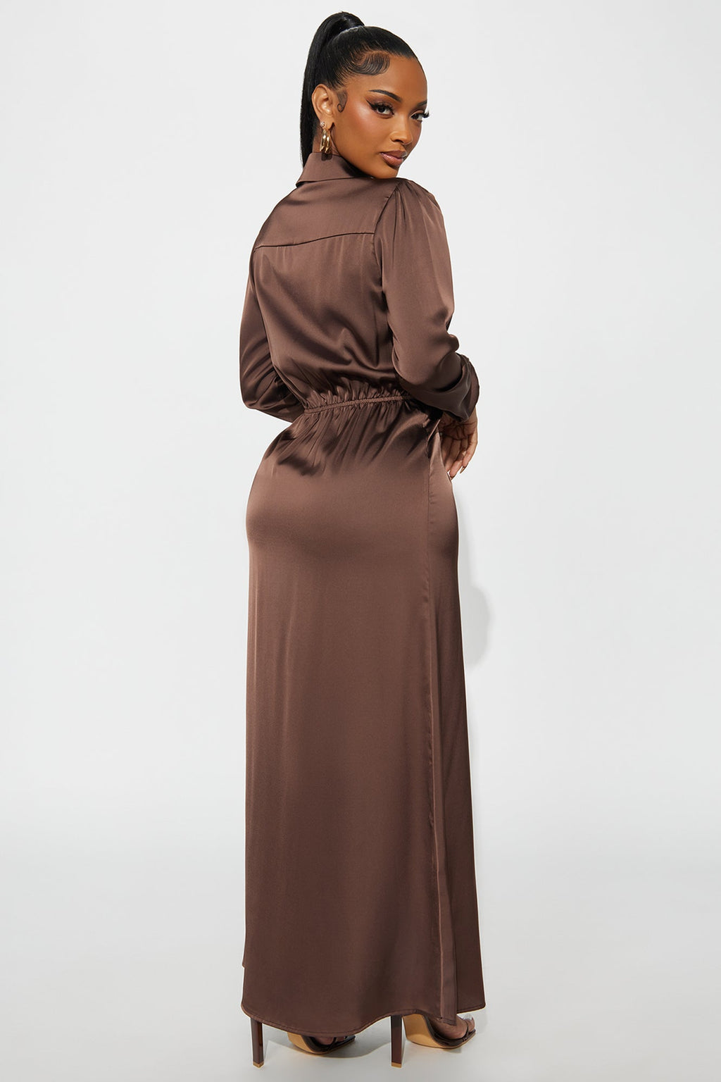 Naraya Collared Satin Maxi Shirt Dress - Chocolate