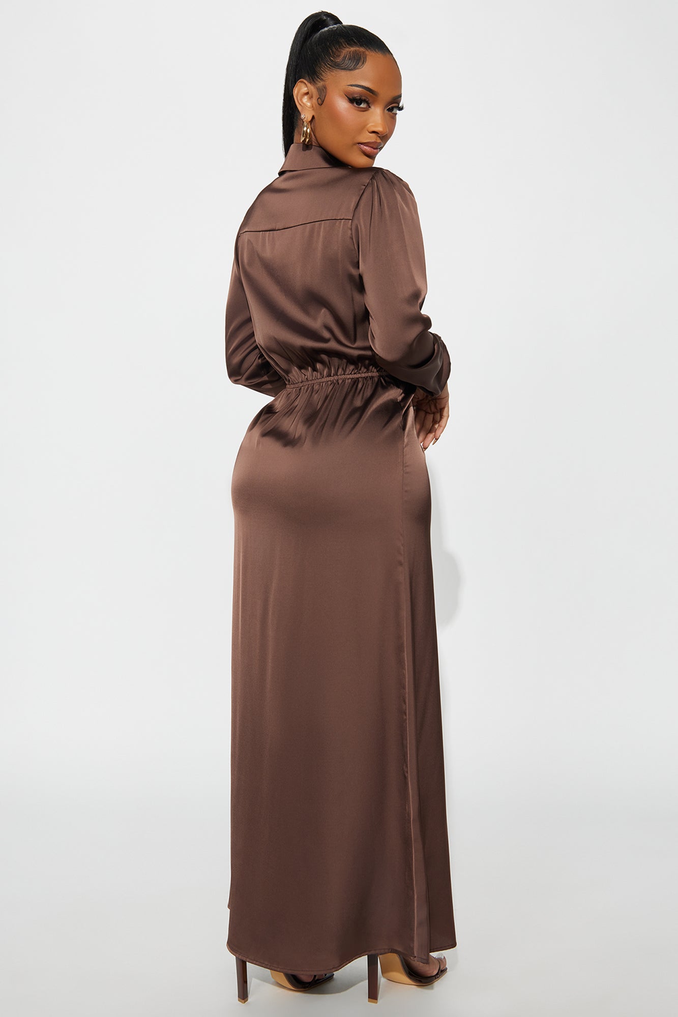 Naraya Collared Satin Maxi Shirt Dress - Chocolate