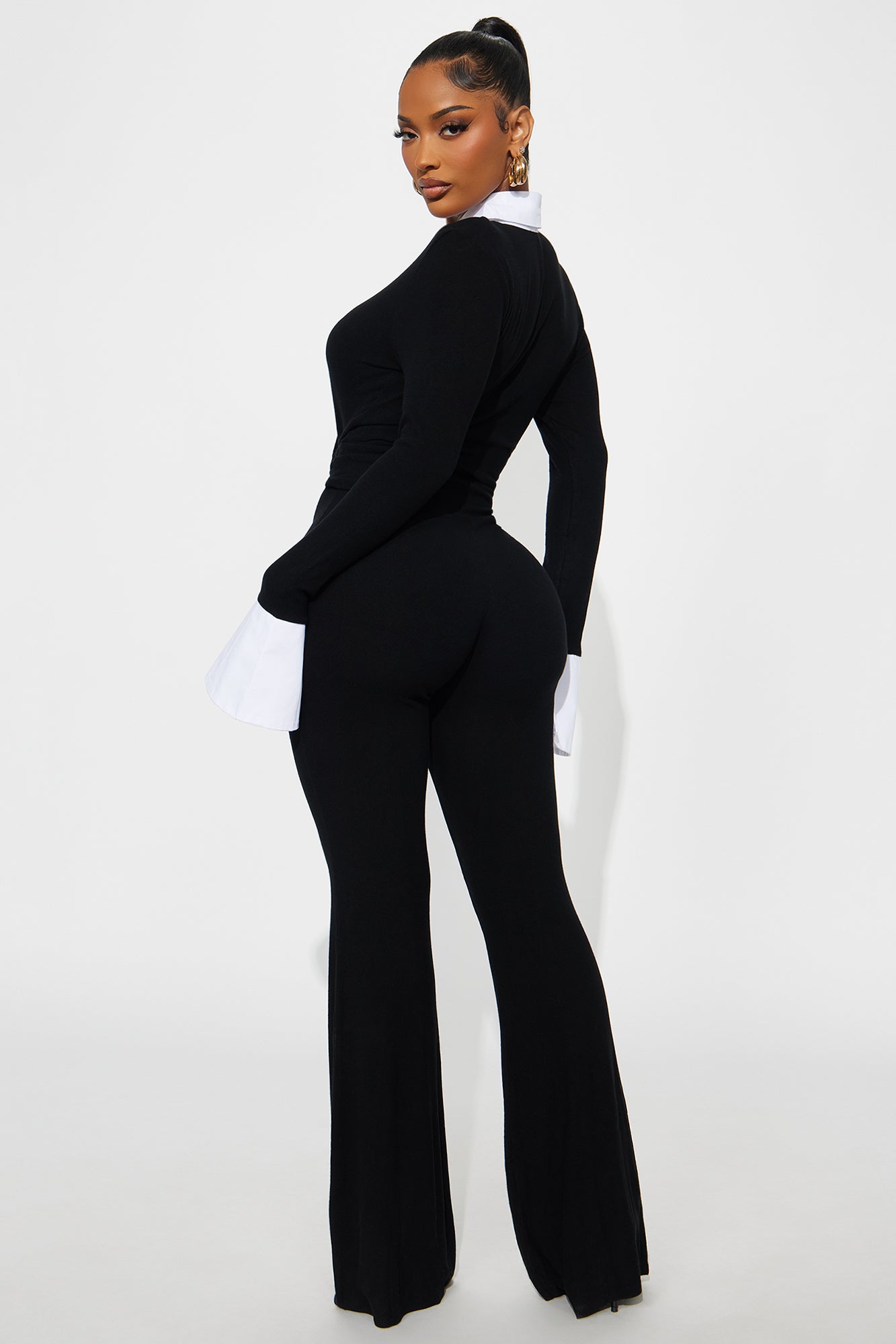 Collegiate Cutie Long Sleeve Flare Jumpsuit - Black