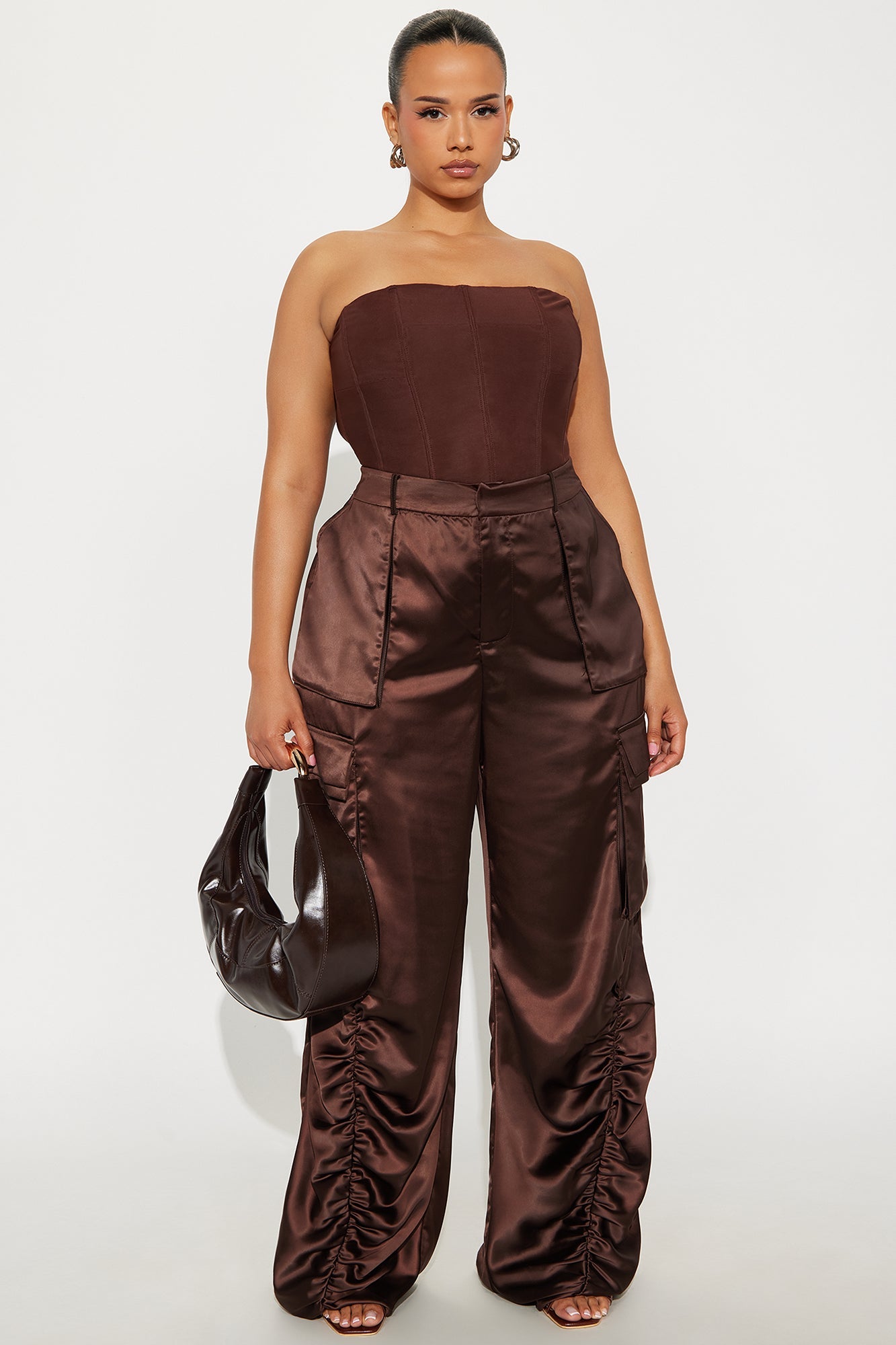 Got Her Own Satin Wide Leg Cargo Pant 33″ - Chocolate