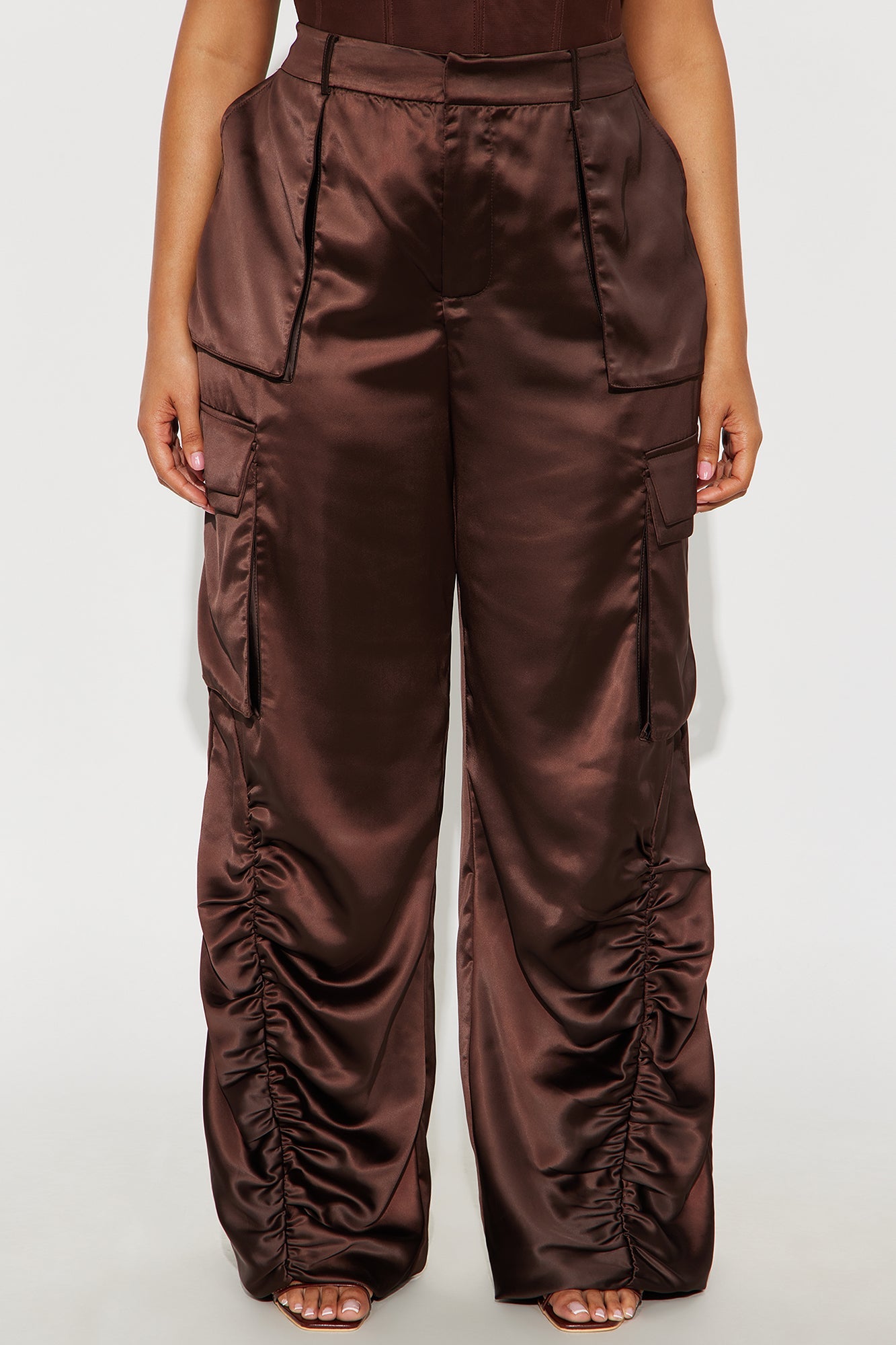 Got Her Own Satin Wide Leg Cargo Pant 33″ - Chocolate