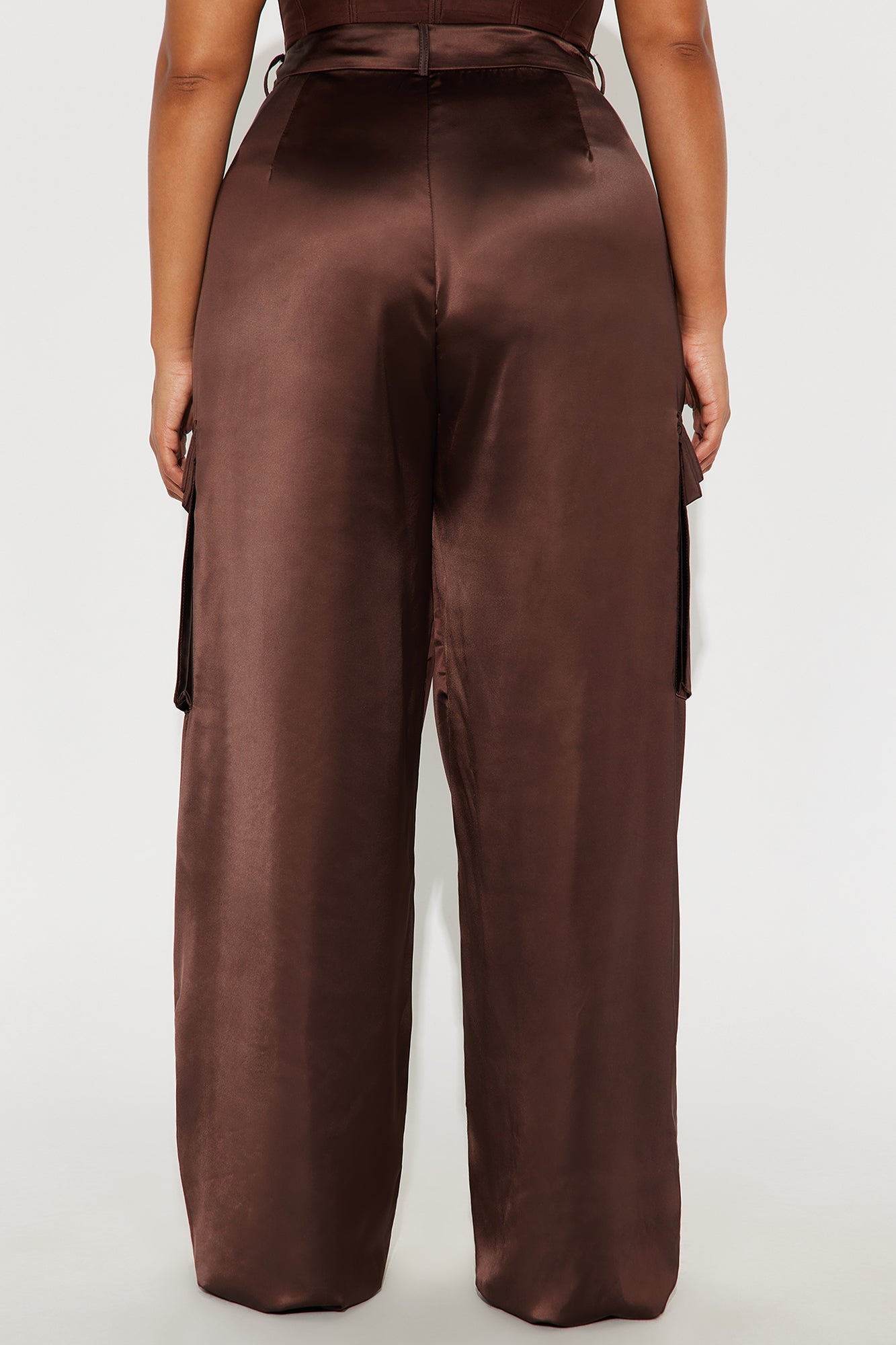Got Her Own Satin Wide Leg Cargo Pant 33″ - Chocolate