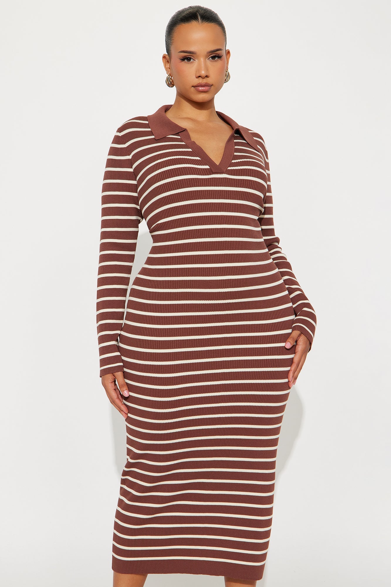 Suri Striped Ribbed Midi Dress - Brown/combo