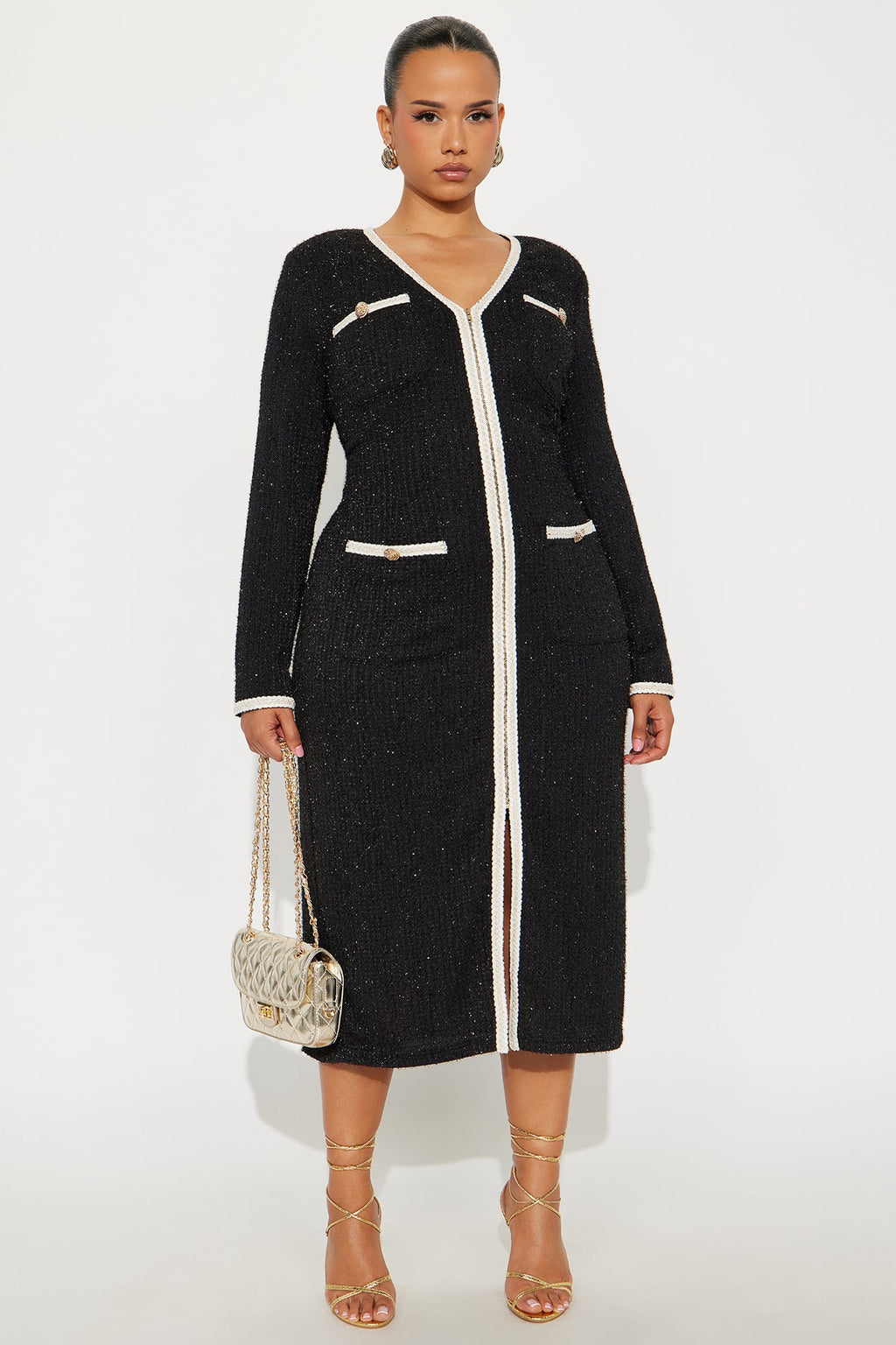 Casey Tweed Midi Dress - Black/combo
