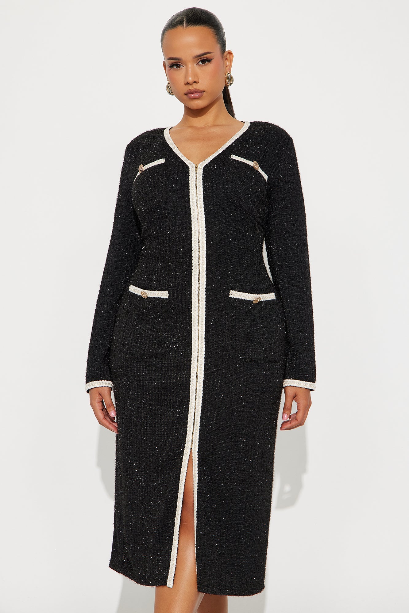 Casey Tweed Midi Dress - Black/combo