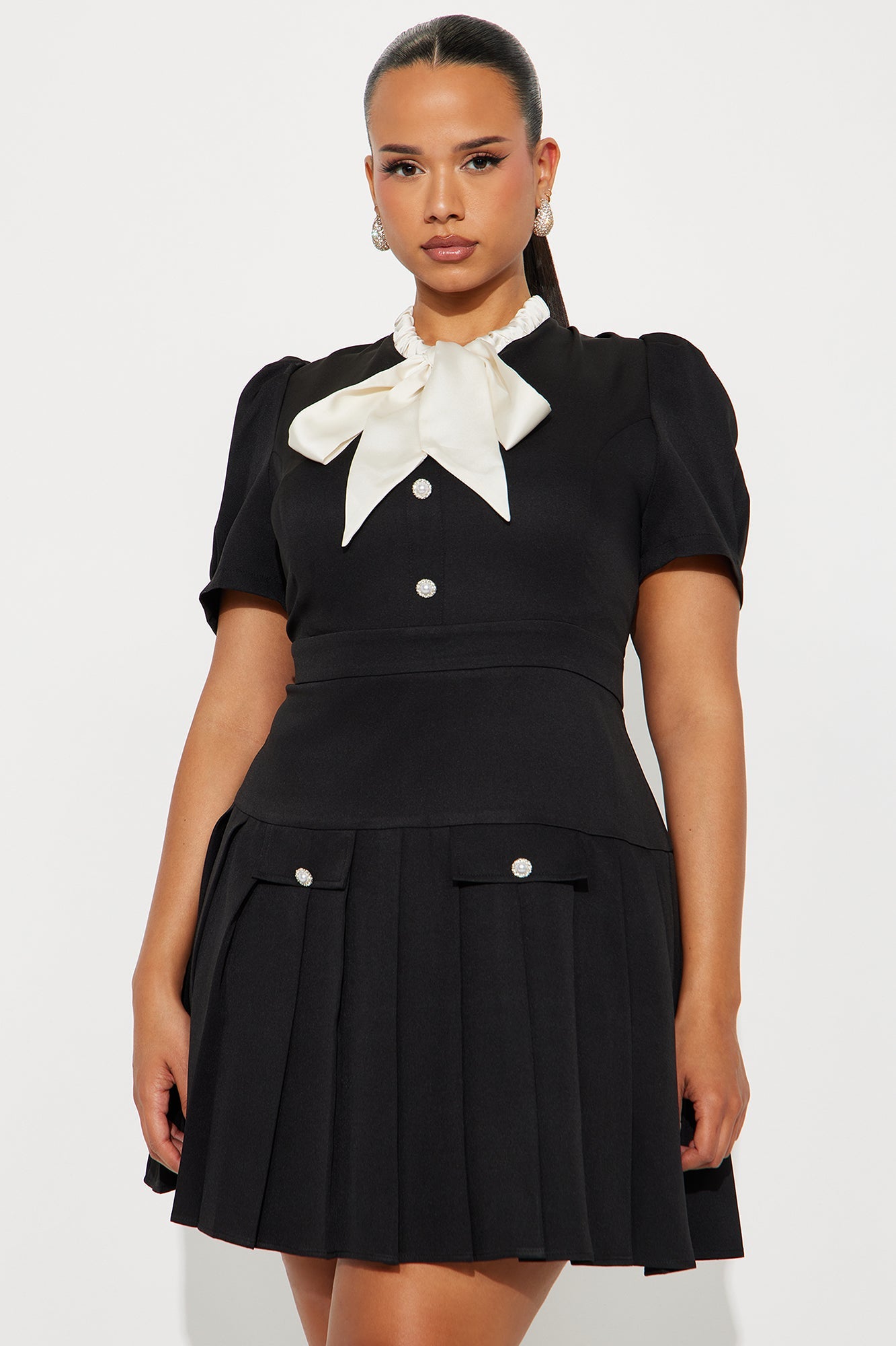 Angela Bow Pleated Mini Dress - Black