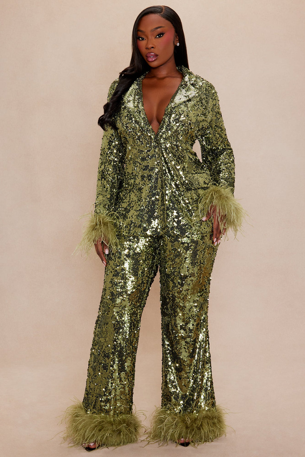 Dania Sequin Feather Blazer - Olive