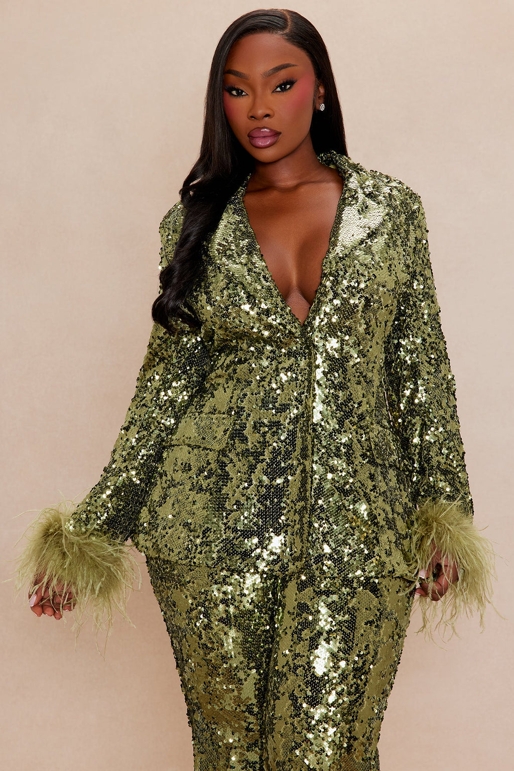 Dania Sequin Feather Blazer - Olive