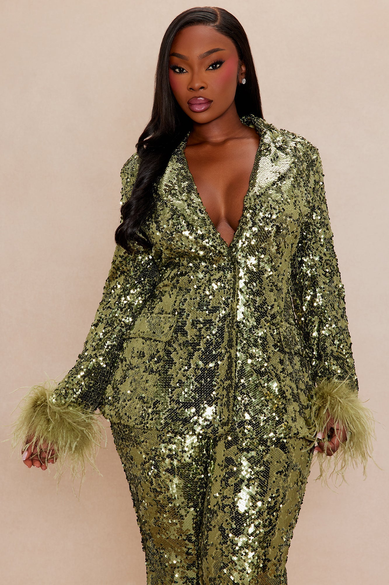 Dania Sequin Feather Blazer - Olive