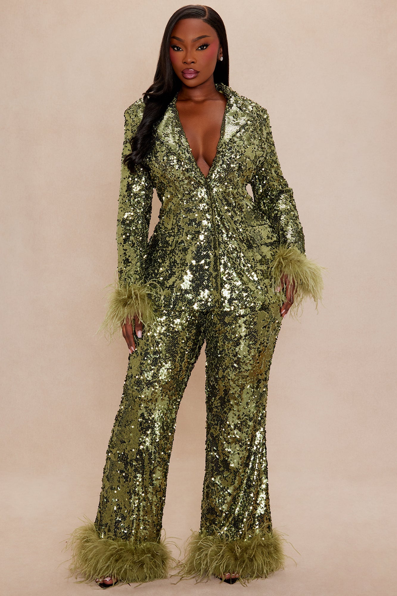 Dania Sequin Feather Pant - Olive
