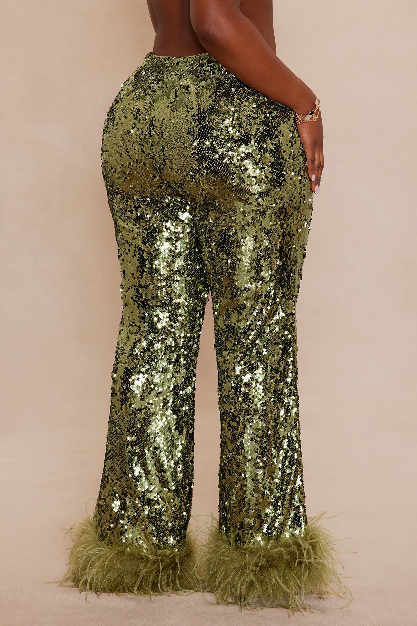 Dania Sequin Feather Pant - Olive