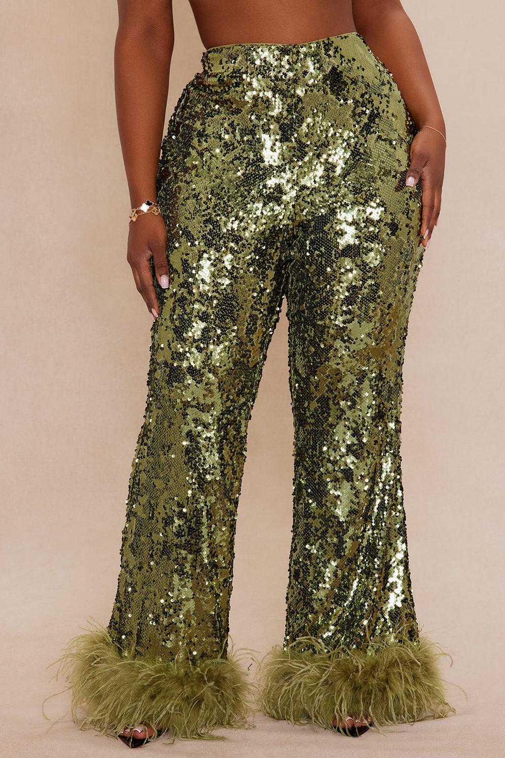 Dania Sequin Feather Pant - Olive