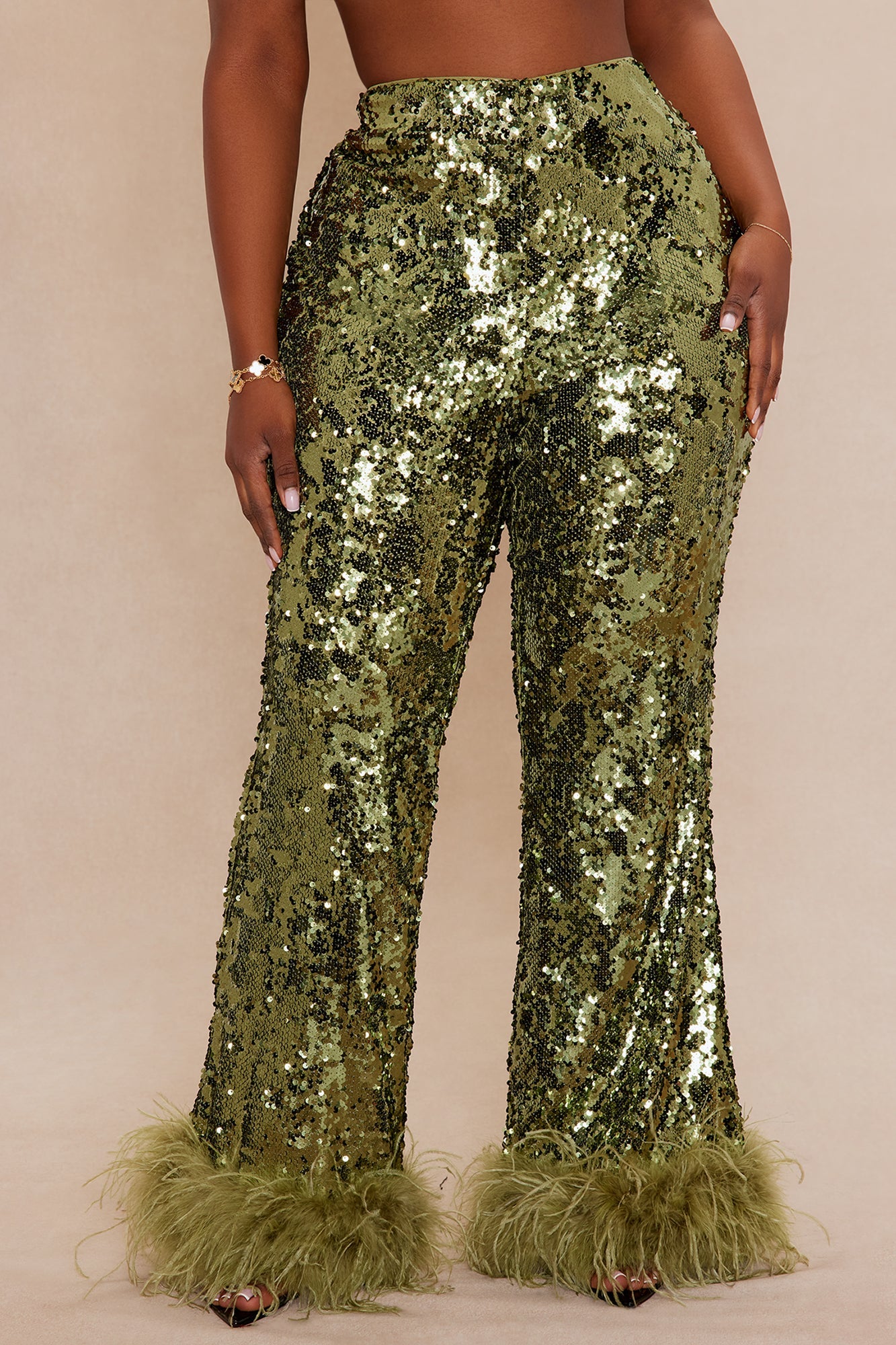 Dania Sequin Feather Pant - Olive