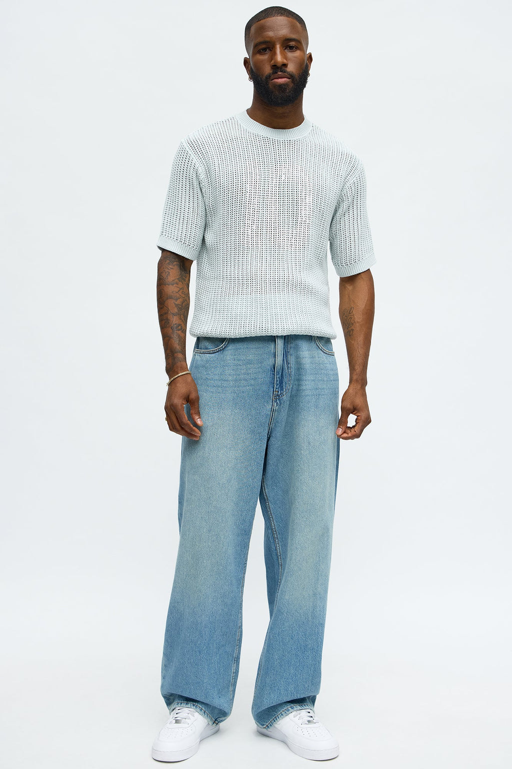 Printed Textured Knit Short Sleeve Tee - Light Blue