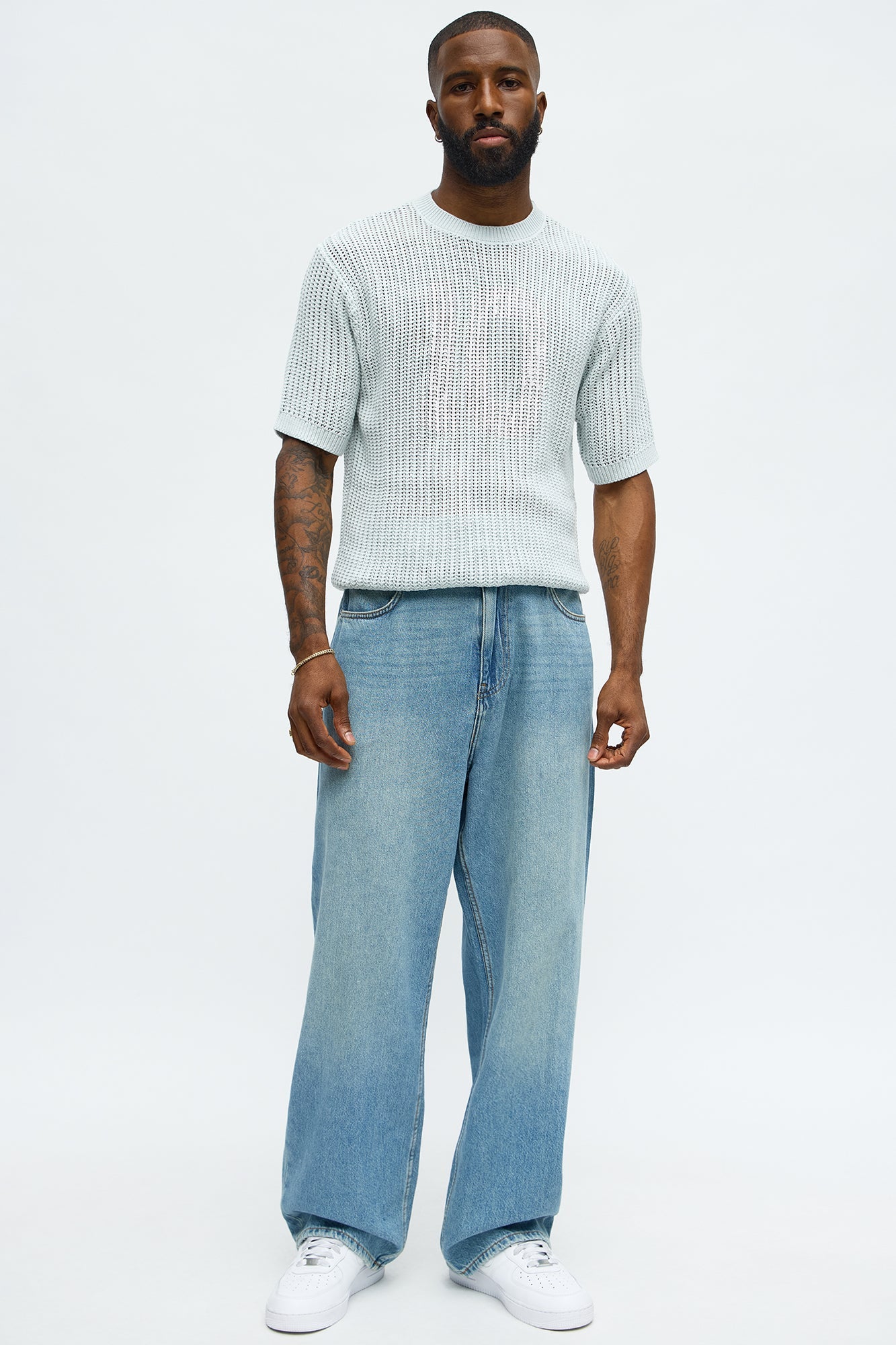 Printed Textured Knit Short Sleeve Tee - Light Blue