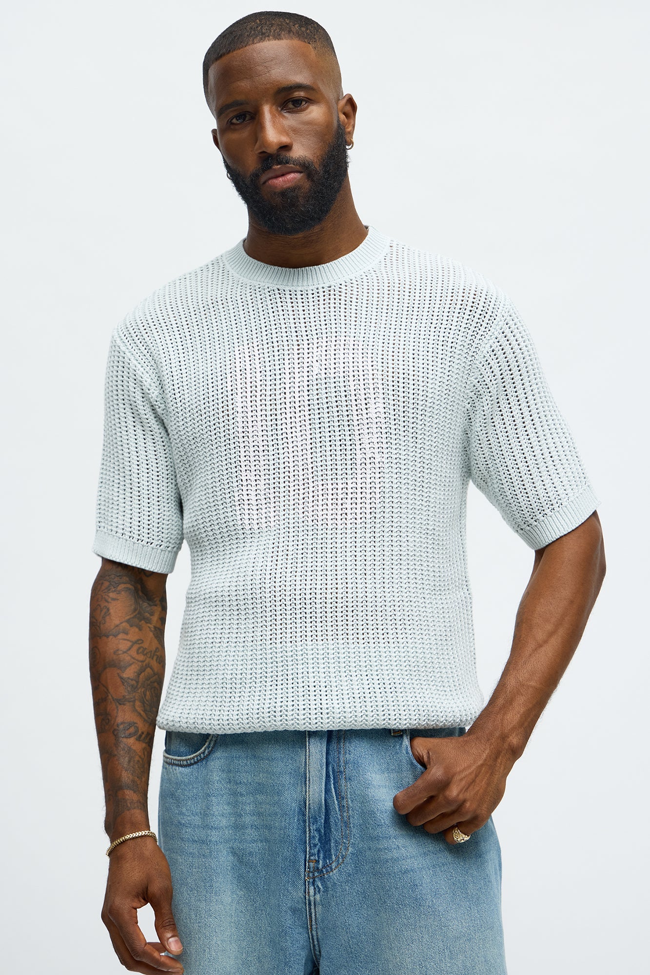 Printed Textured Knit Short Sleeve Tee - Light Blue