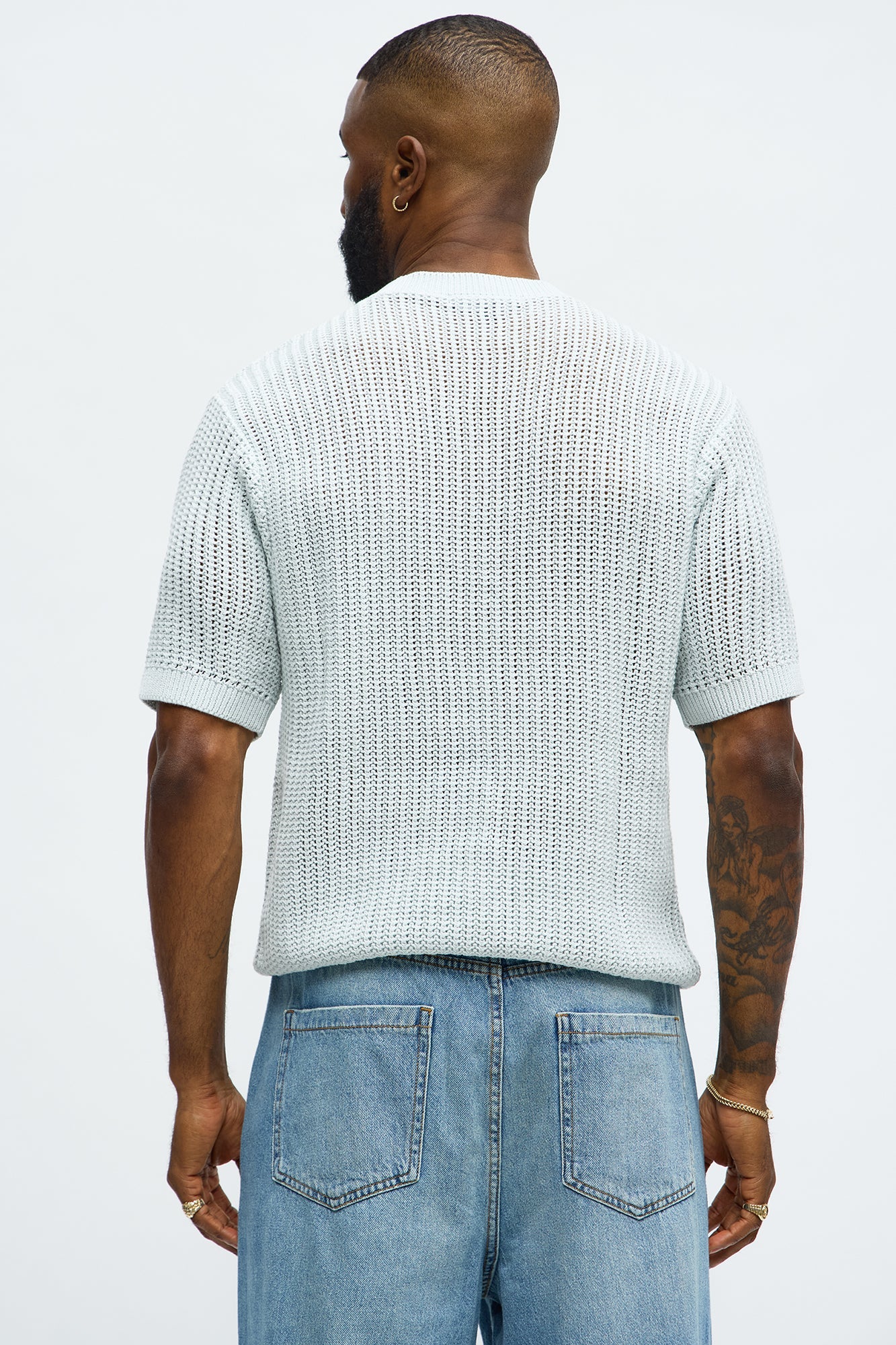 Printed Textured Knit Short Sleeve Tee - Light Blue