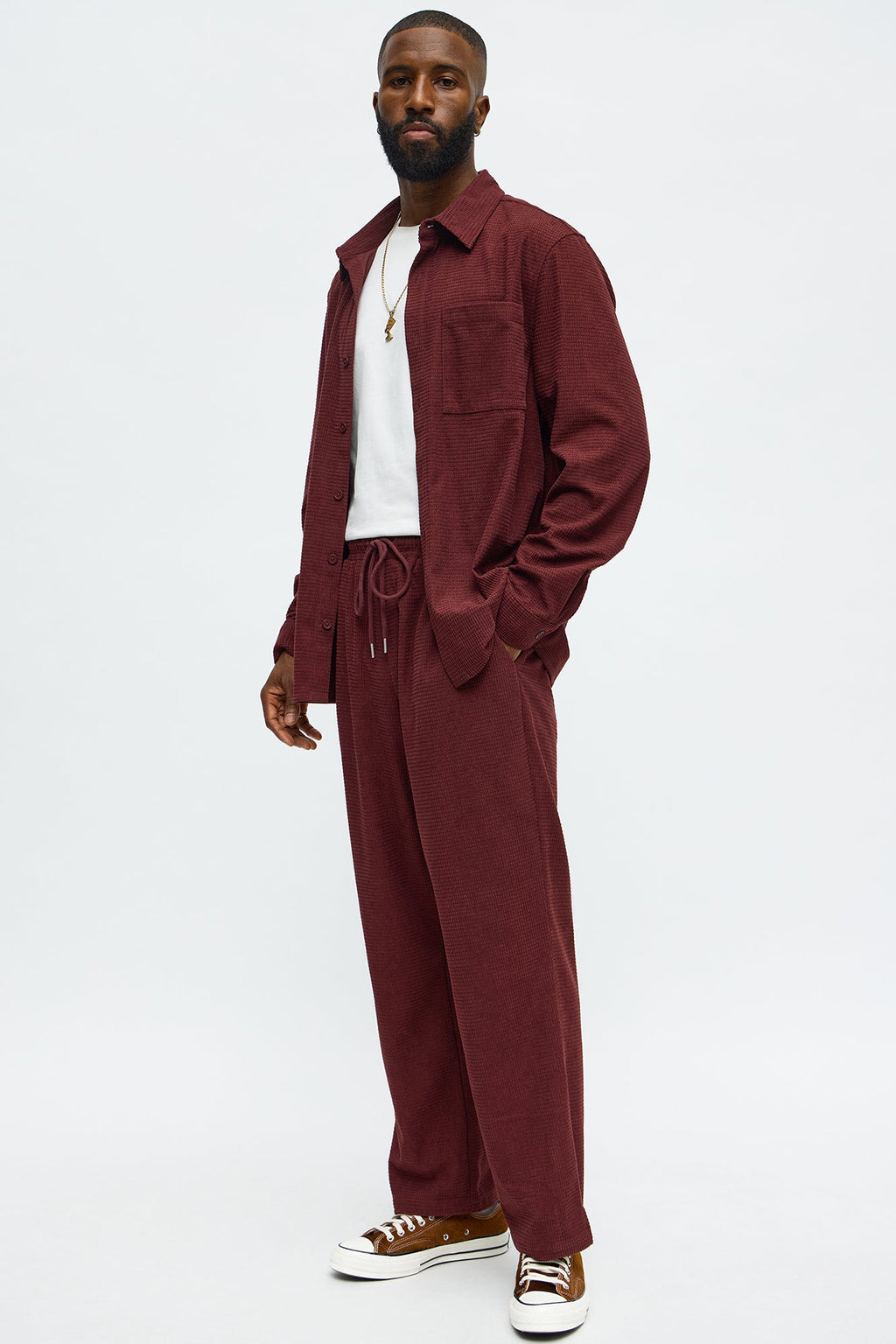 Slow Burn Textured Long Sleeve Button Up Shirt - Burgundy