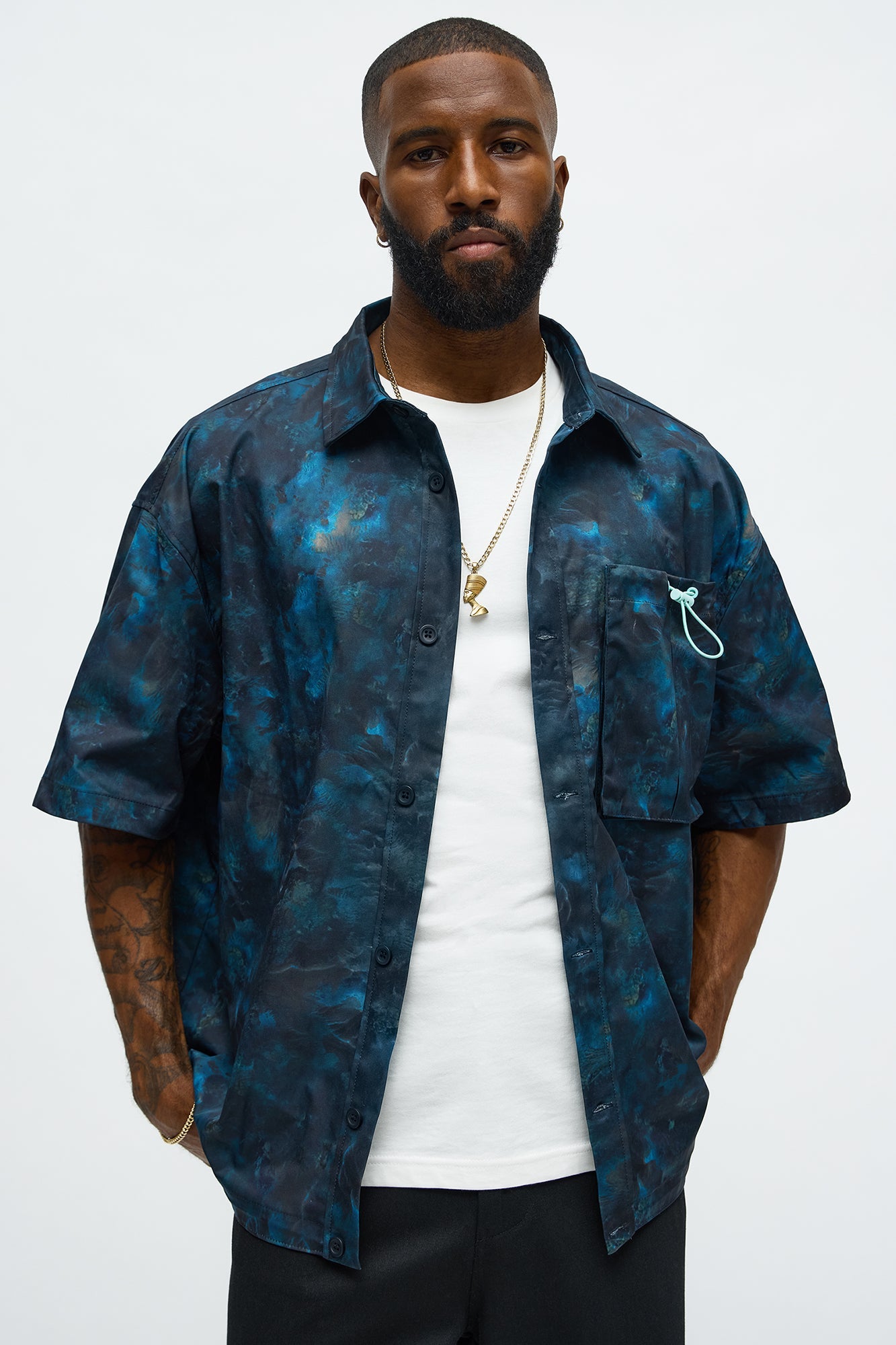 Oversized Viktor Short Sleeve Button Up Shirt - Black/combo