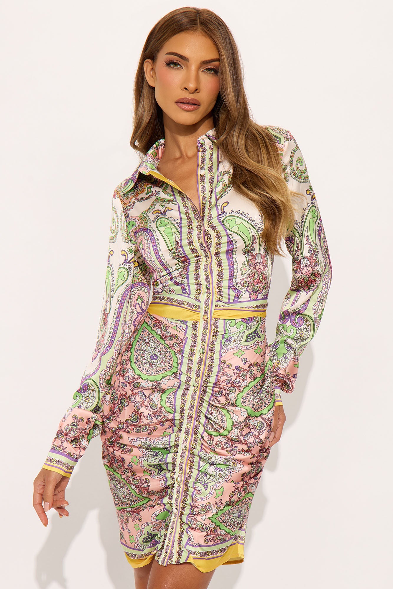 Lexi Long Sleeve Satin Midi Dress - Multi Color