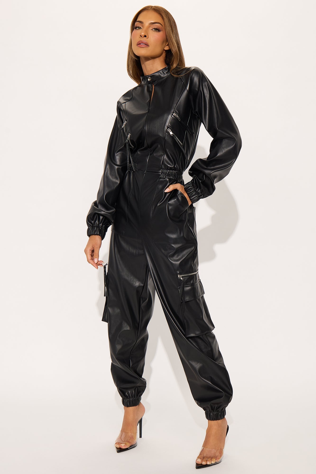 Slow Motion Faux Leather Jogger Jumpsuit - Black