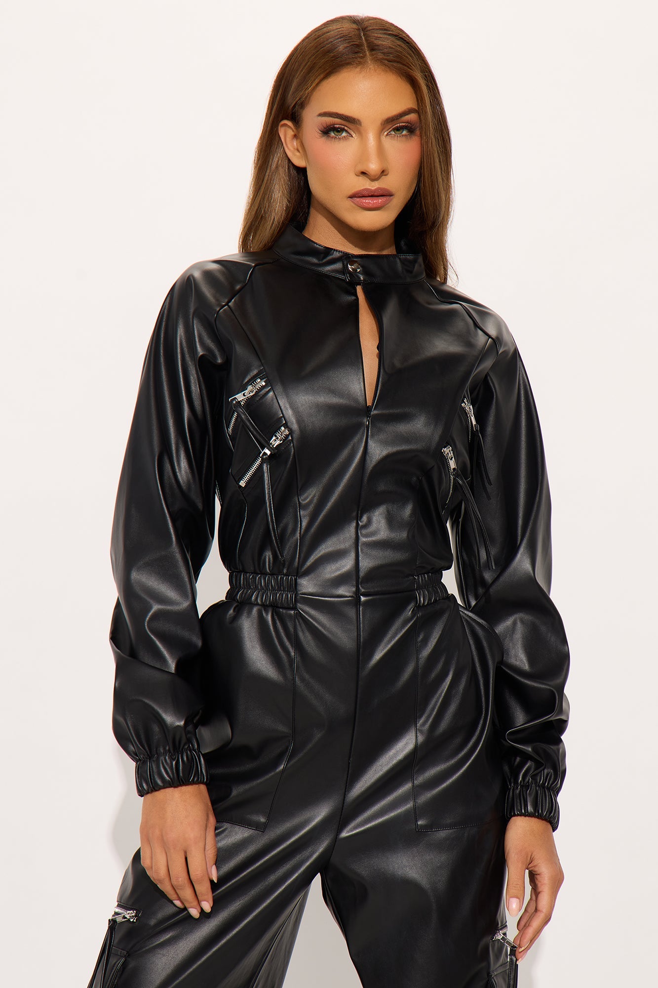 Slow Motion Faux Leather Jogger Jumpsuit - Black