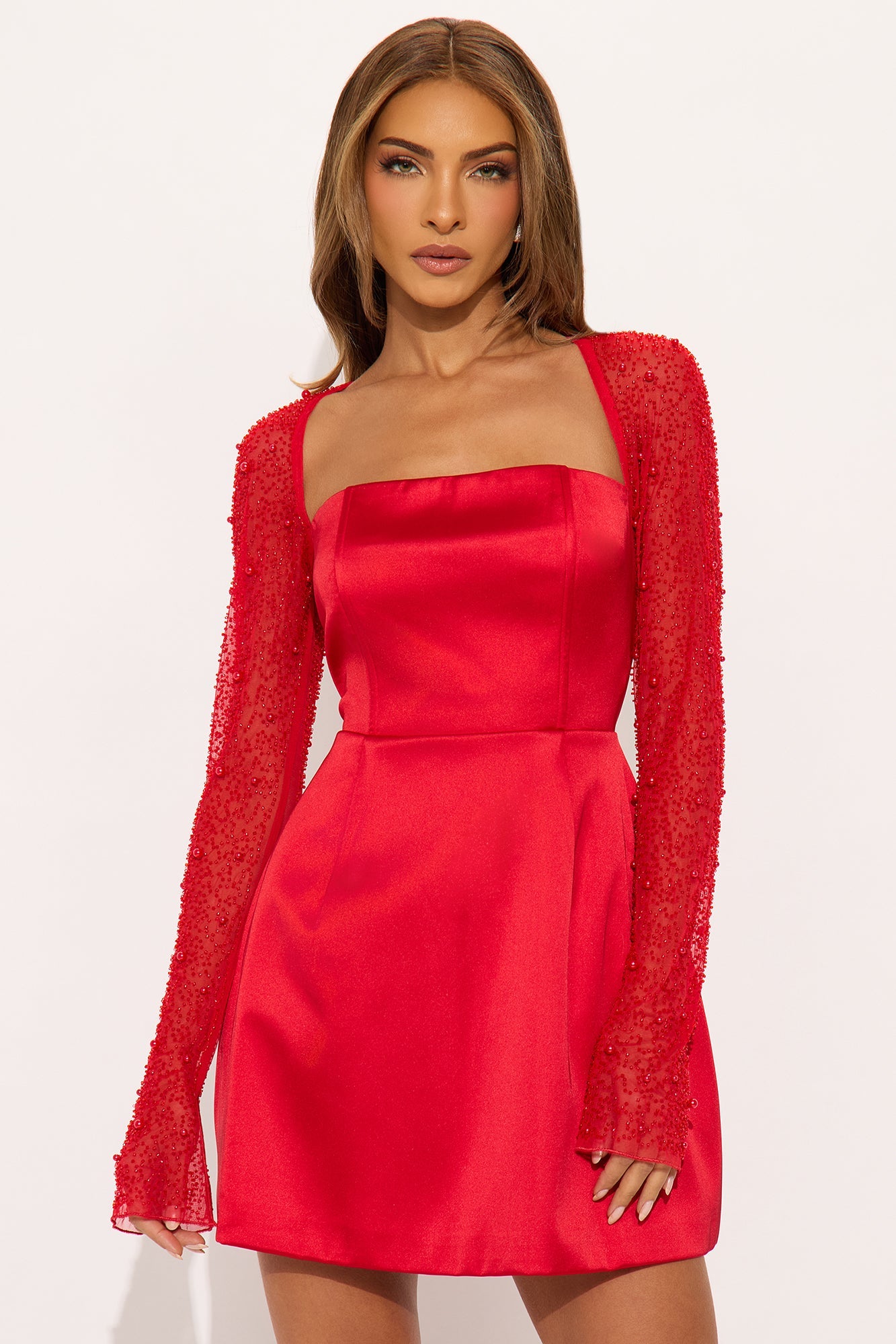Princess Beaded Satin A Line Mini Dress - Red