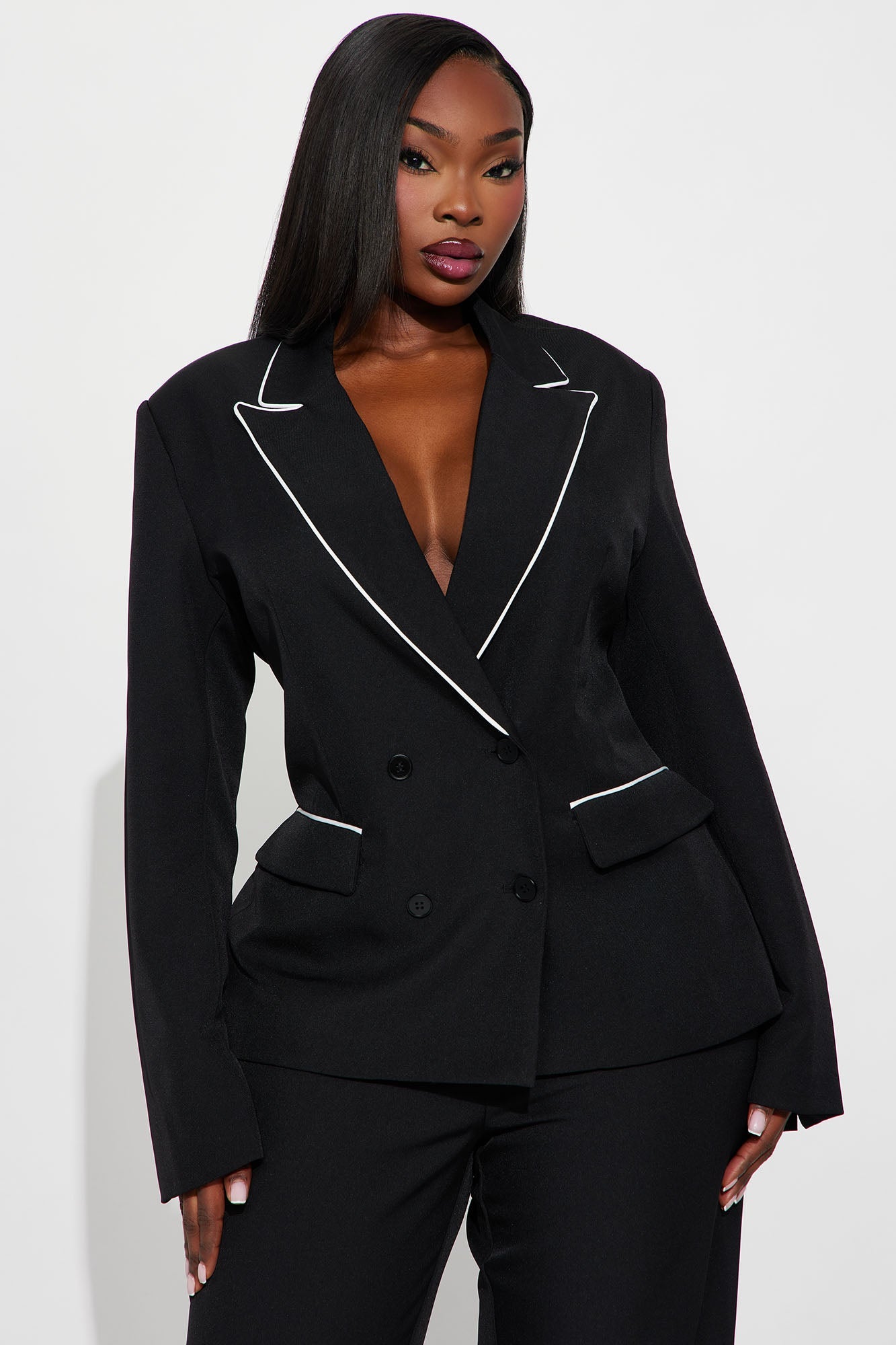 Simply Elegant Contrast Trim Blazer - Black/White