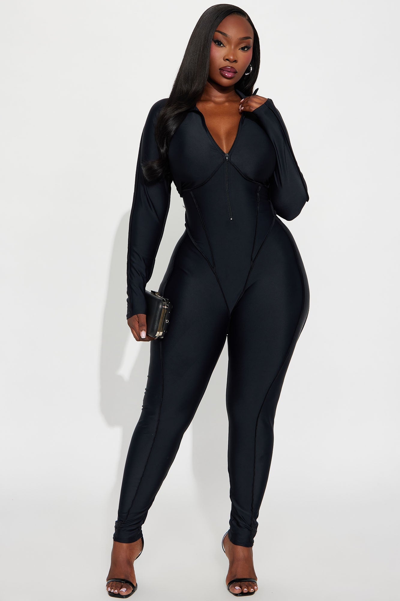 Ava Zip Up Long Sleeve Jumpsuit - Black