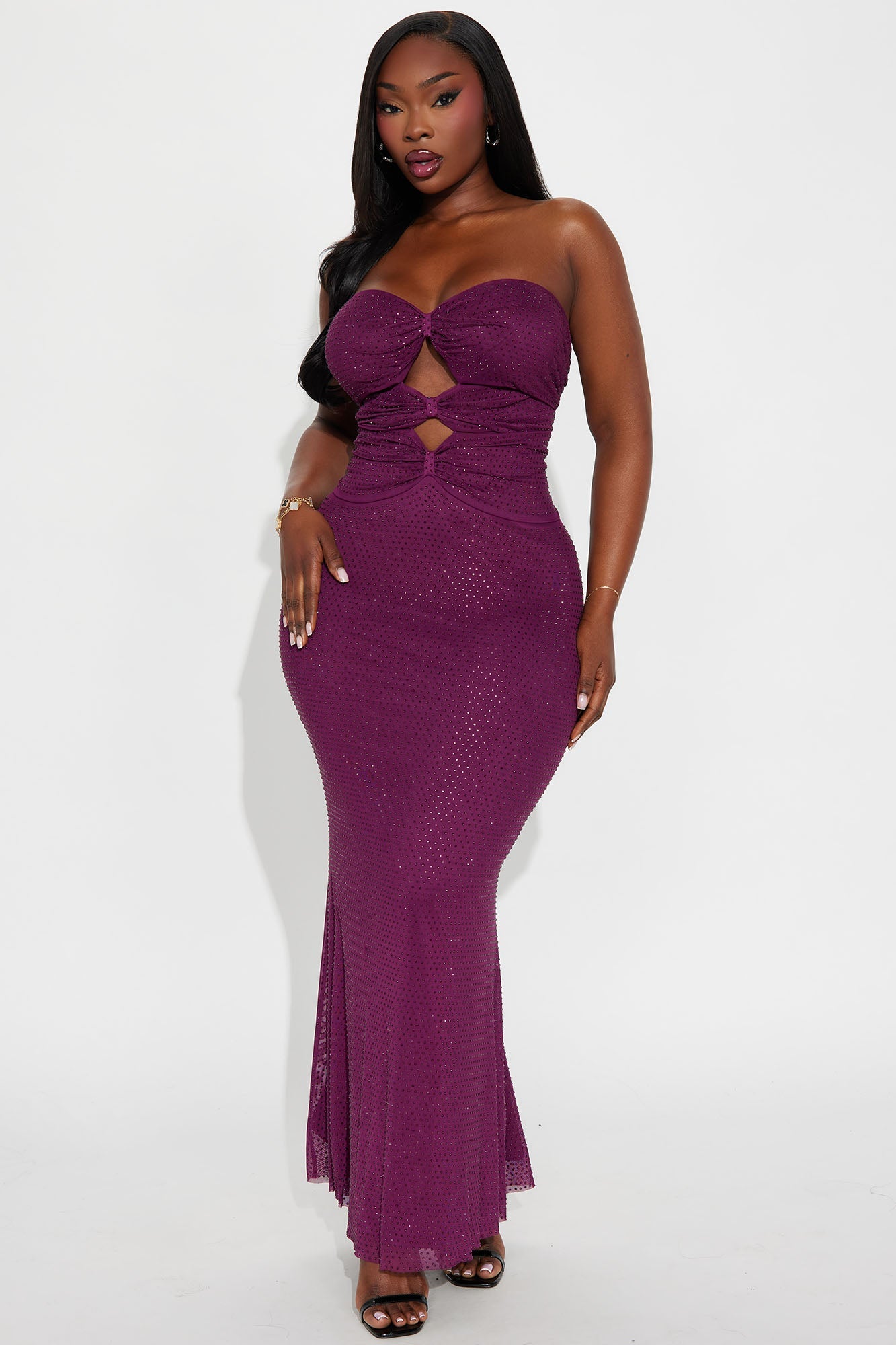 Drama Queen Rhinestone Mesh Gown - Plum