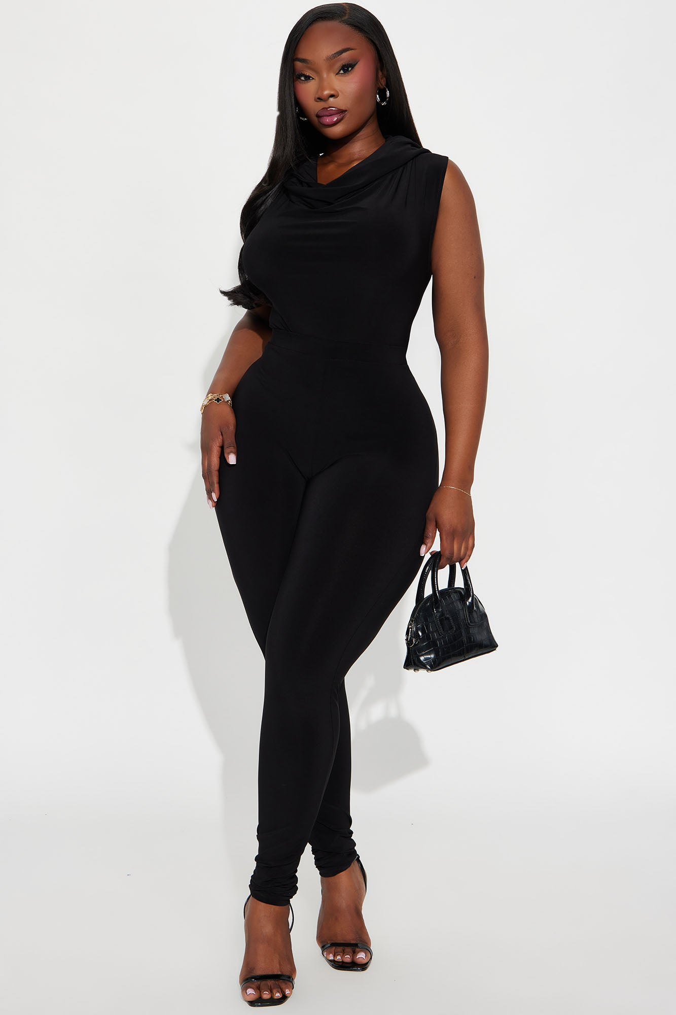 Serenity Cowl Neck Hooded Pant Set - Black