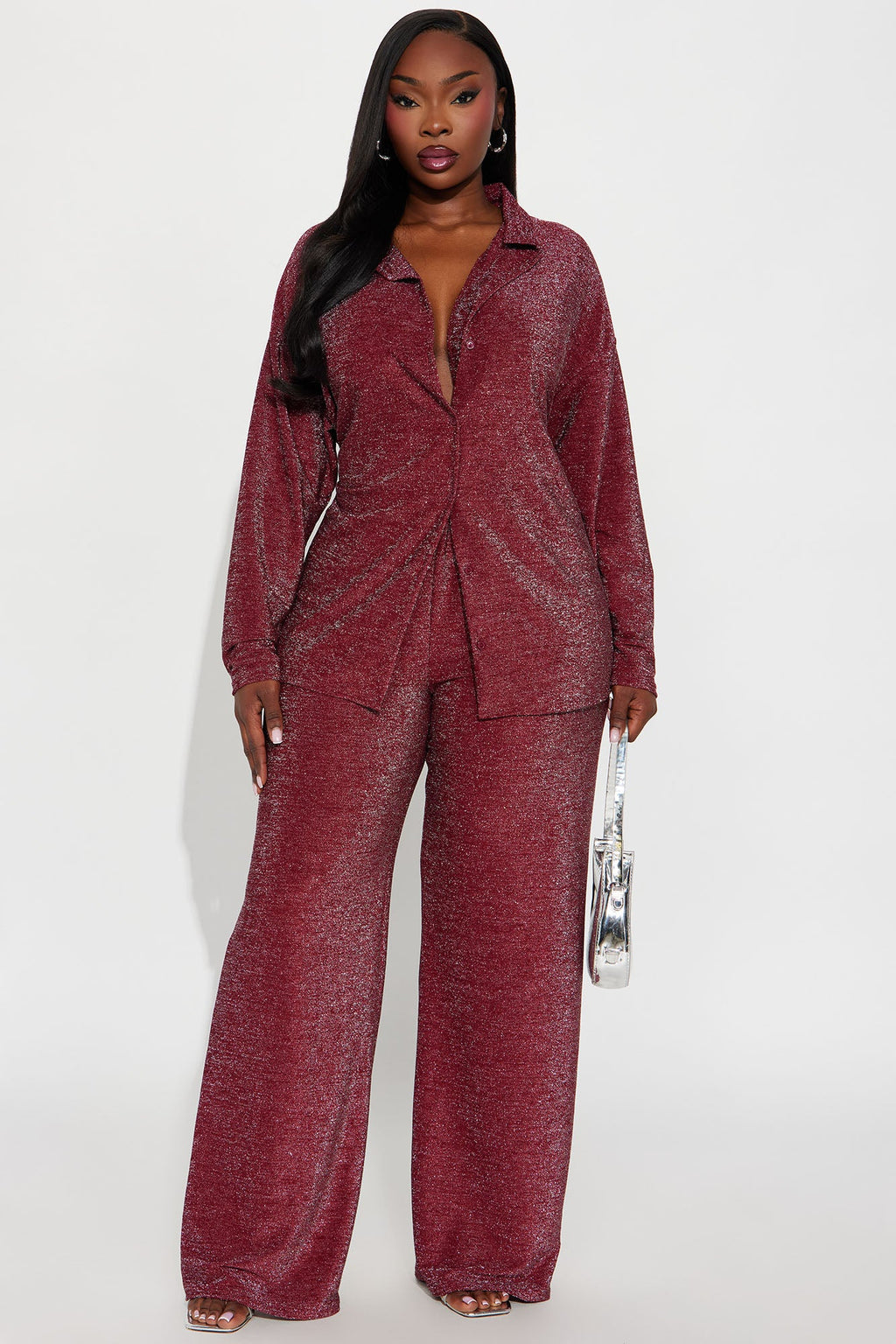 Klarissa Metallic Knit Pant Set - Burgundy