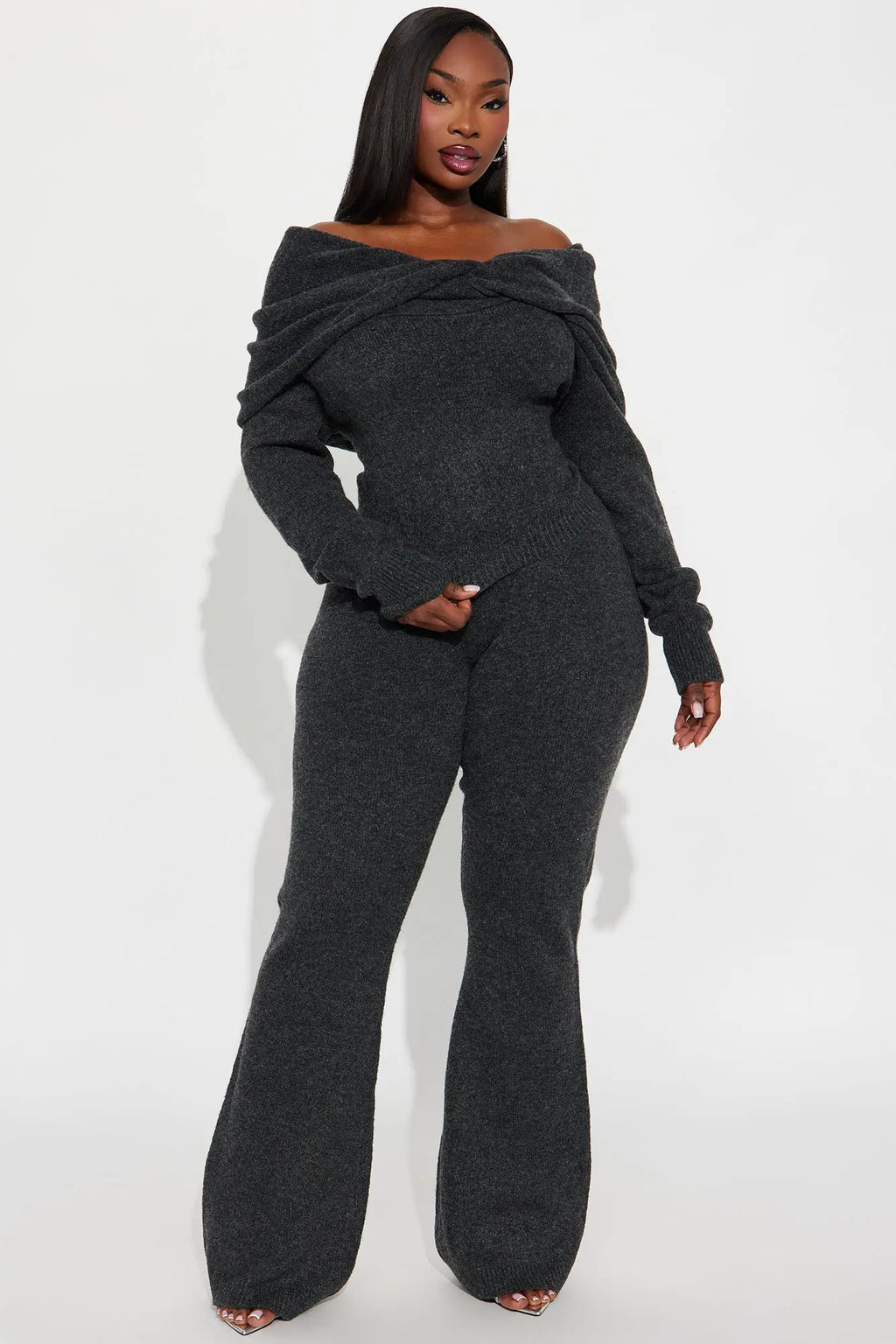 Carolina Off Shoulder Sweater Pant Set - Charcoal 