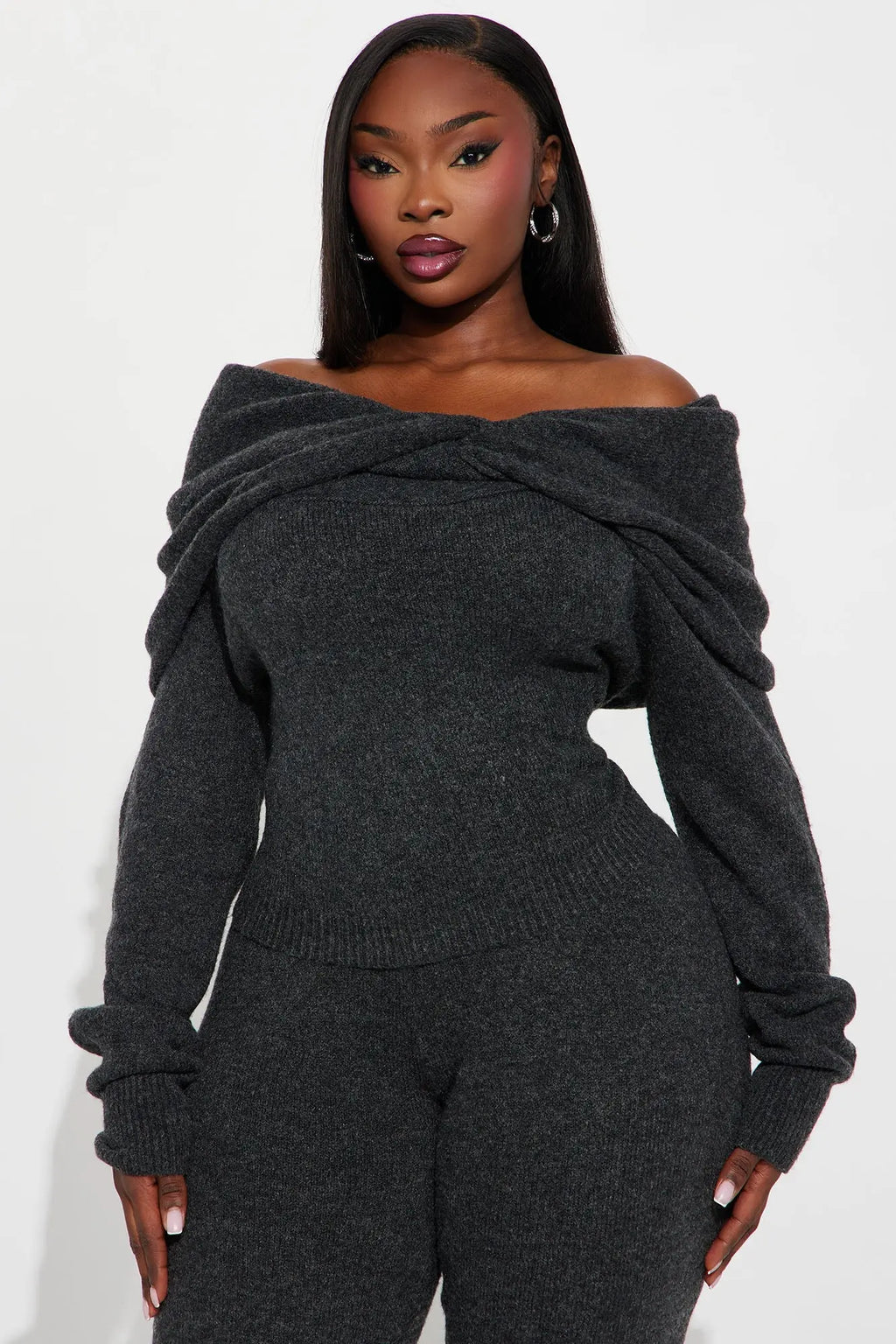 Carolina Off Shoulder Sweater Pant Set - Charcoal 