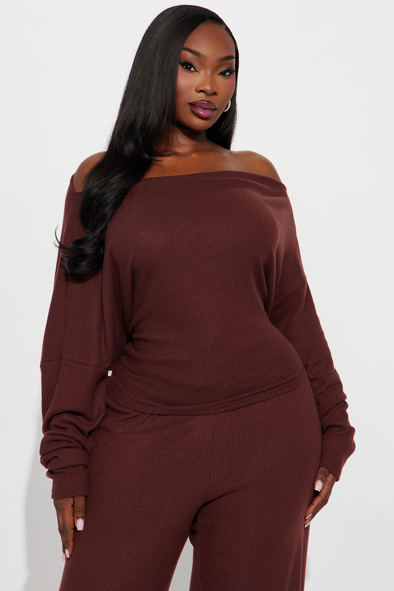 Fall Vibes Cozy Off Shoulder Pant Set - Brown