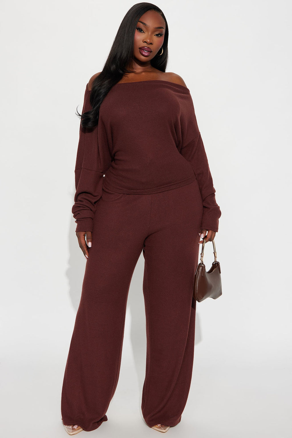 Fall Vibes Cozy Off Shoulder Pant Set - Brown