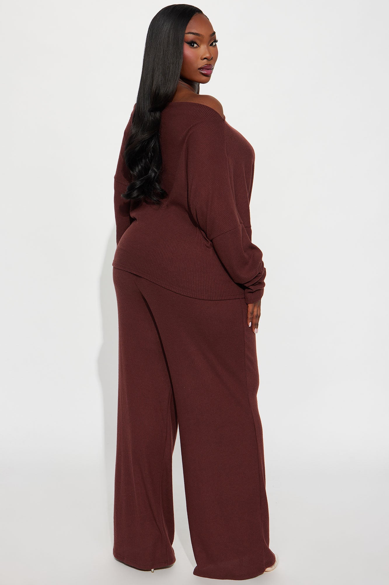Fall Vibes Cozy Off Shoulder Pant Set - Brown