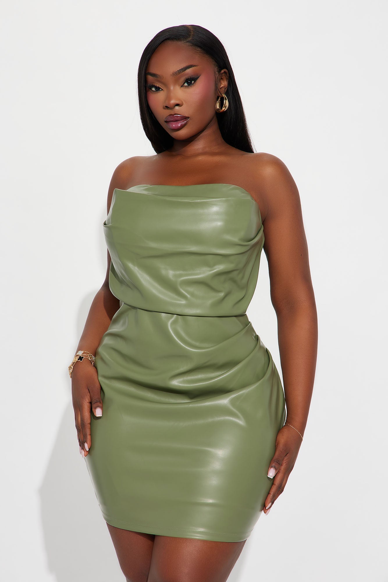 Josie Strapless Faux Leather Mini Dress - Olive