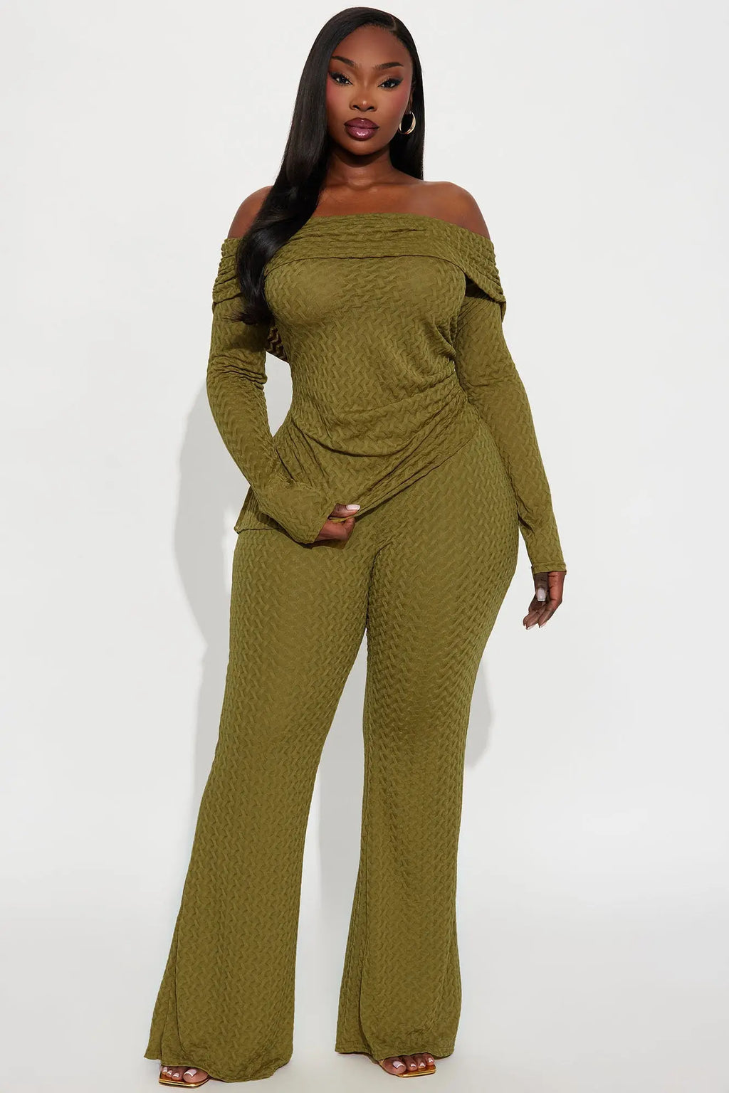 Becca Off Shoulder Textured Pant Set - Olive 